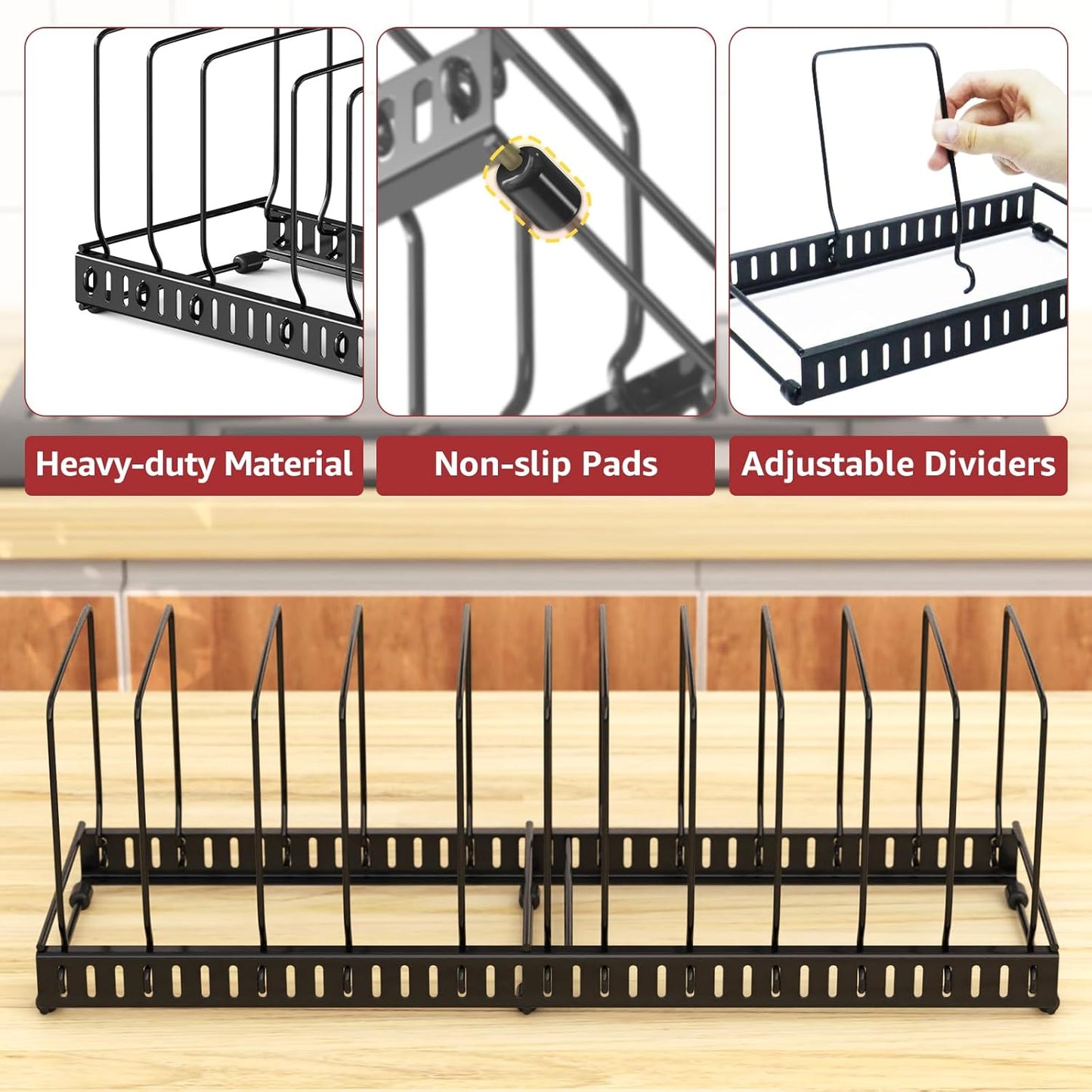 2PACK Cutting Board Organizer, Adjustable Divider Cutting Board Holder with Anti-slip Pads, Kitchen Cabinet Organizer for Baking Cookie Sheet Pan Bakeware Cookie, Black, Large-Size