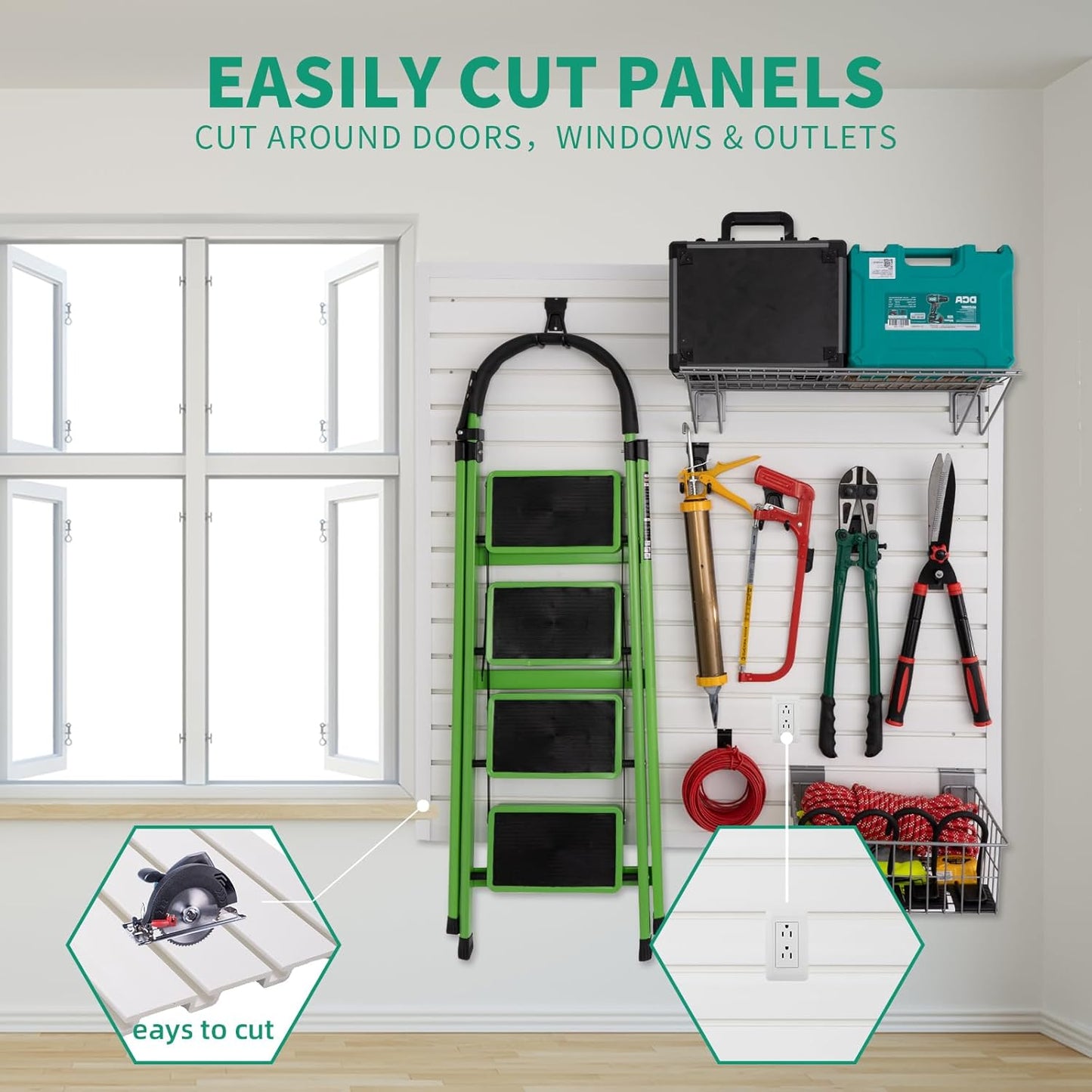 Slatwall Panel 4'x8' with 15 Accessories Garage Tool Organizer Wall Mount PVC Panels for Interior Wall Décor, White Slat Wall Paneling Bike Rack Garage Storage & Organization Products