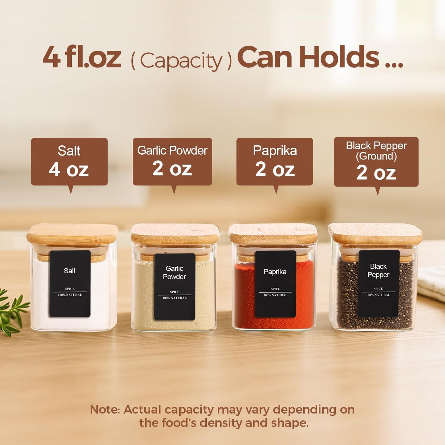ComSaf 12Pcs Glass Spice Jars with Bamboo Lid, 4oz Airtight Square Spice Containers with 275 Black Lables, Empty Seasoning Jars for Spice Salt Sugar