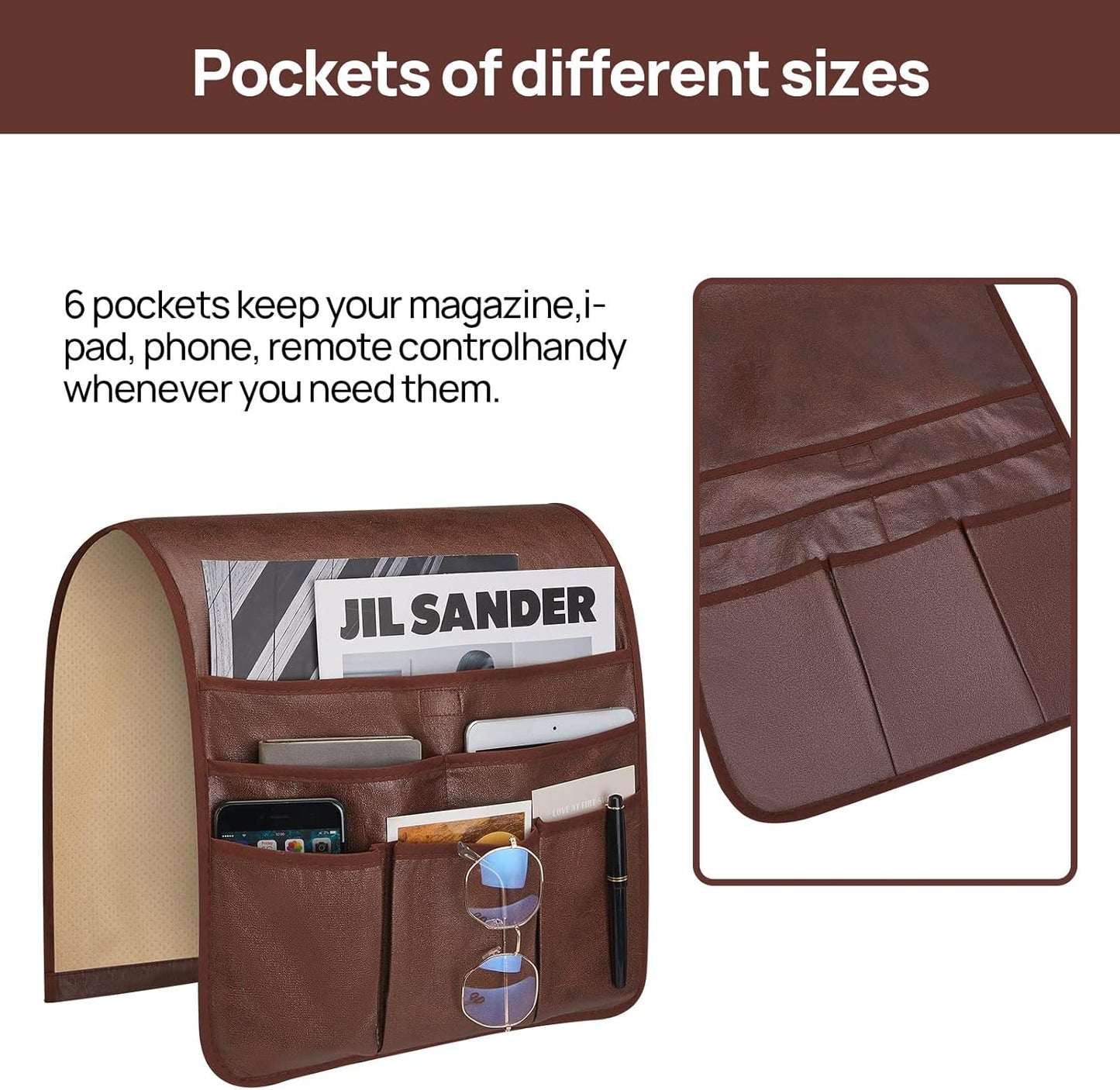 Teniux Remote Control Holder Faux Leather Armrest Organizer with 6 Pockets for Recliner Couch Sofa, Armchair Caddy for Smart Phone, Book, Magazines, Ipad, Remotes (Brown)