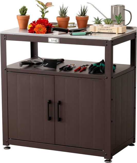 Garden Potting Bench with Storage Cabinet, Outdoor Gardening Table & Work Bench for Plants, Horticulture, Outdoor Workstation with Stainless Steel Tabletop, Outdoor Work Table