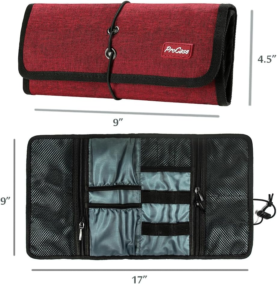 ProCase Electronic Organizer Cord Pouch, Travel Cable Charger Phone Accessories Bag Organizer Roll up Tech Carrying Case for USB Cables SD Memory Cards Earphone Flash Hard Drive -Red