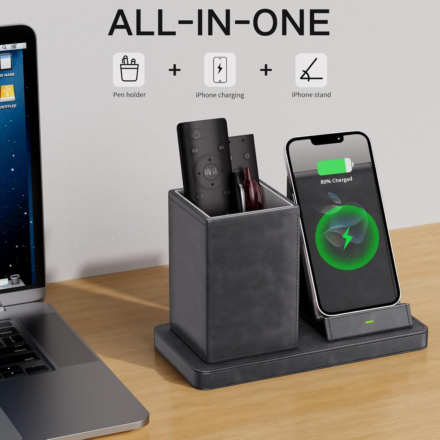 Multi-Functional Pencil Holder for Desk,Gray Vegan Leather Organizers with Remote Control Holder,Pencil Holder,Desk Organizer with Phone Wireless Charger for Office/Nightstand/Endtable