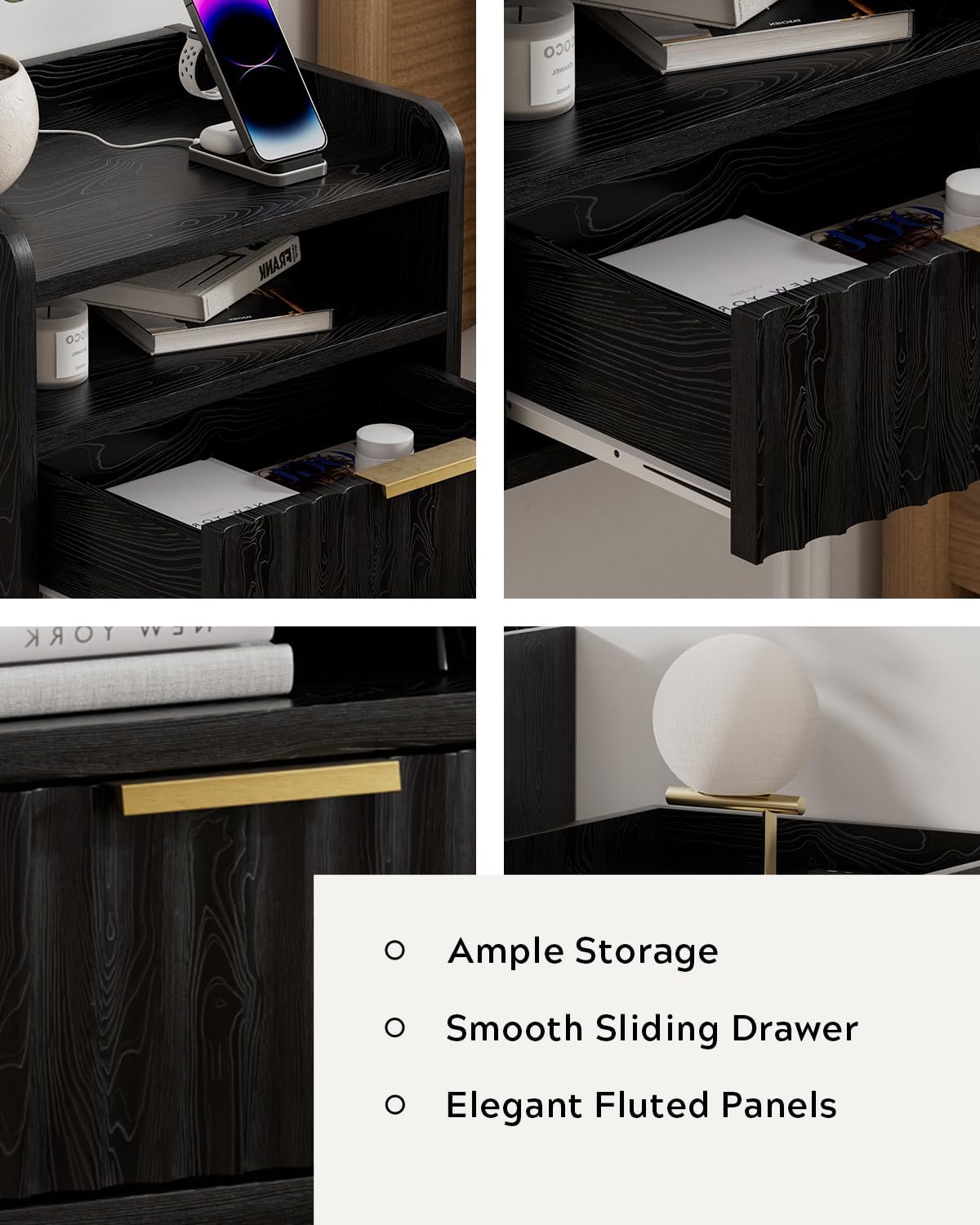 Fluted Floating Nightstands Set of 2 with Drawer, Modern Small Wall Mounted Storage Night Stand with Charging Station, Wood Bedside Table USB C & USB A Ports, Black