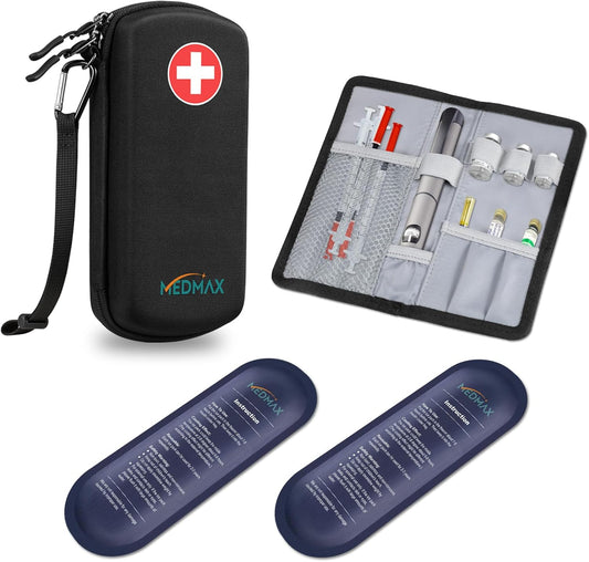 Hard Shell Insulin Cooler Travel Case with 2 Ice Pack, Shock Absorption Insulated Diabetic Medication Organizer Carrying Bag with Extra Pouch for Insulin Pen and Other Diabetic Supplies, Black