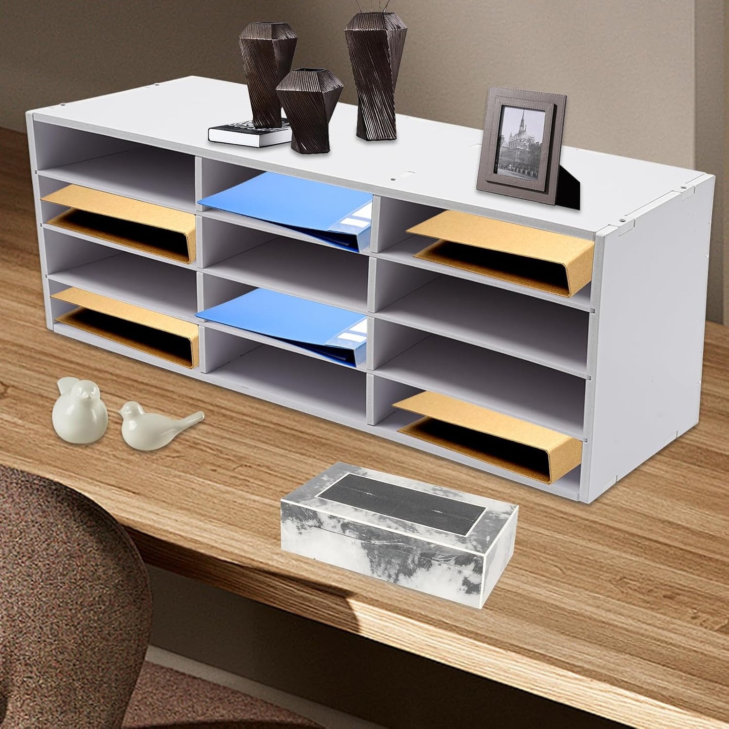 Mail Sorter Organizer, 12 Compartments Mailbox for Classroom, Desktop File Organizer with Adjustable Shelves, for Office Home Classroom, PVC, White