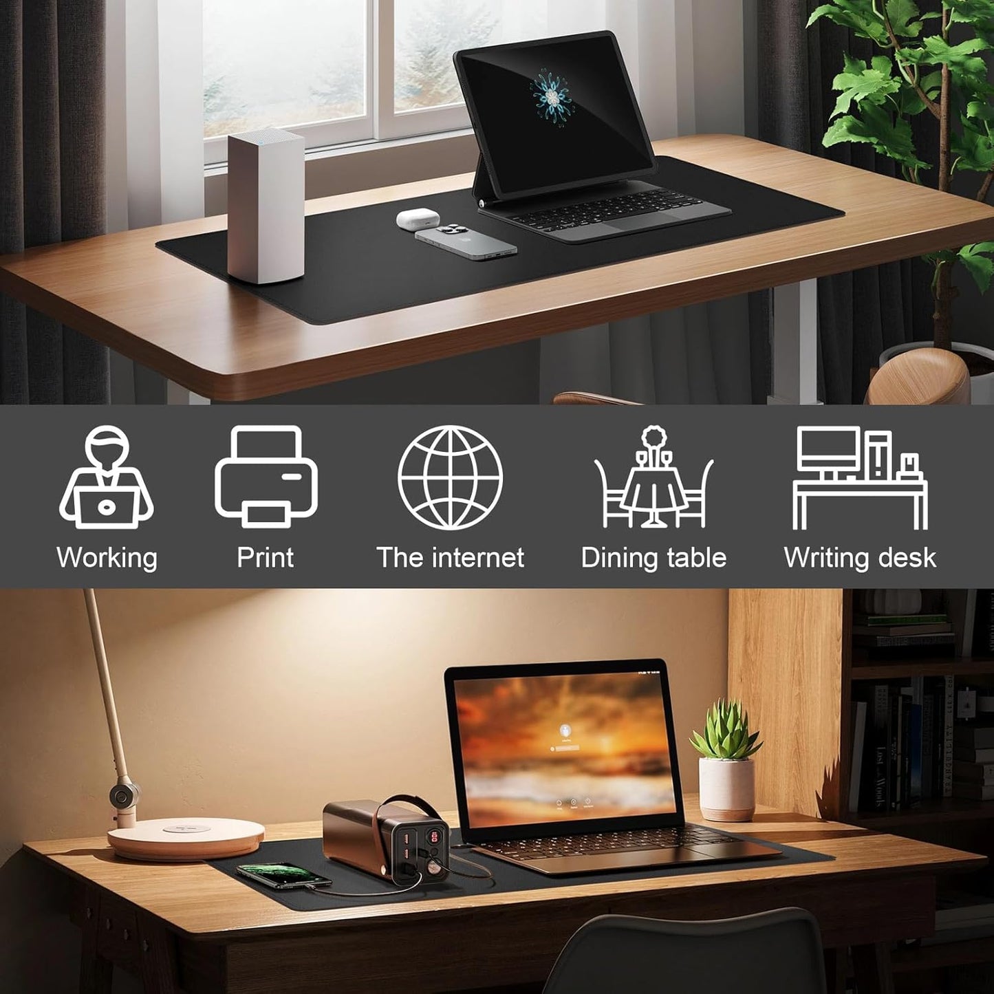 DAWNTREES Desk Mat Protector,PU Leather Desk Pad,Non Slip, Large Mouse Pad and Keyboard Mat, Waterproof Writing Pad for Office and Home (Black)