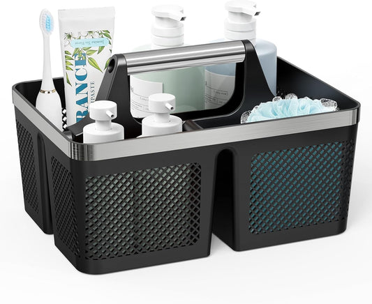 Black Shower Caddy Portable: Plastic Bathroom Caddy Organizer with Handle and Holes, Cleaning Caddy, Hard Shower Basket Storage Tote for Toiletry, College Dorm Room Essentials for Men