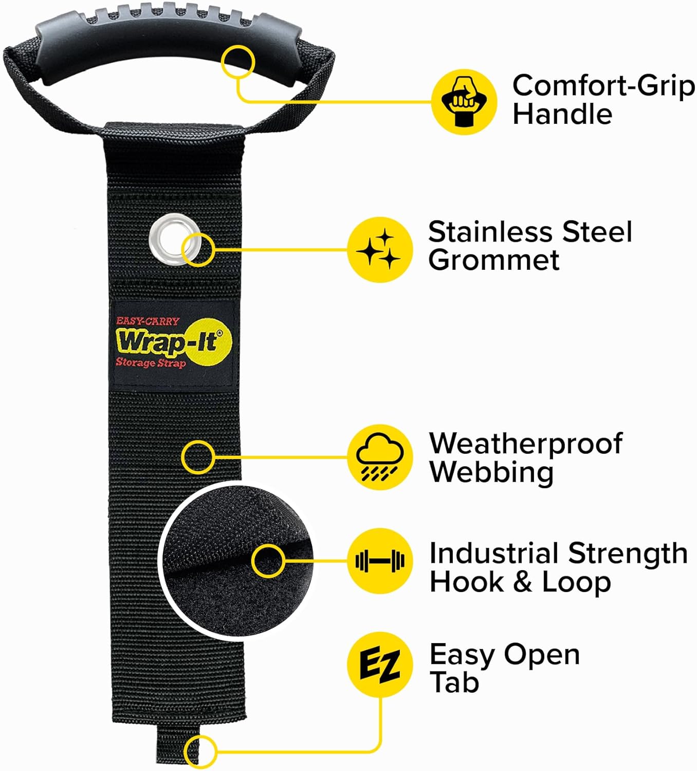 Easy-Carry Wrap-It Storage Straps - 22" (2-Pack) Black with Grommet - Extension Cord Holder Organizer for Garden Hose Storage Cord Straps