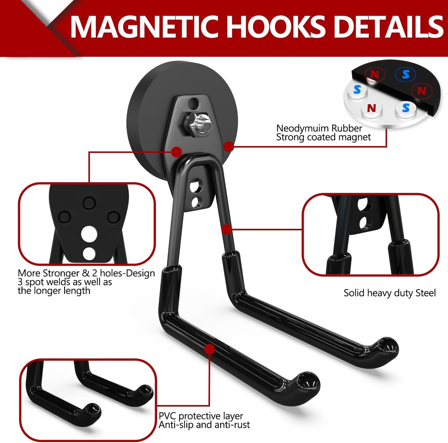 3-H Heavy Duty Magnet Garage Hooks 2 Pack, Extra Large Strong Magnetic Hooks for Hanging Cordless Power Drill, Utility Magnetic Tool Holder for Metal Cabinet, Steel Pegboard, Toolbox, Garage(Black)