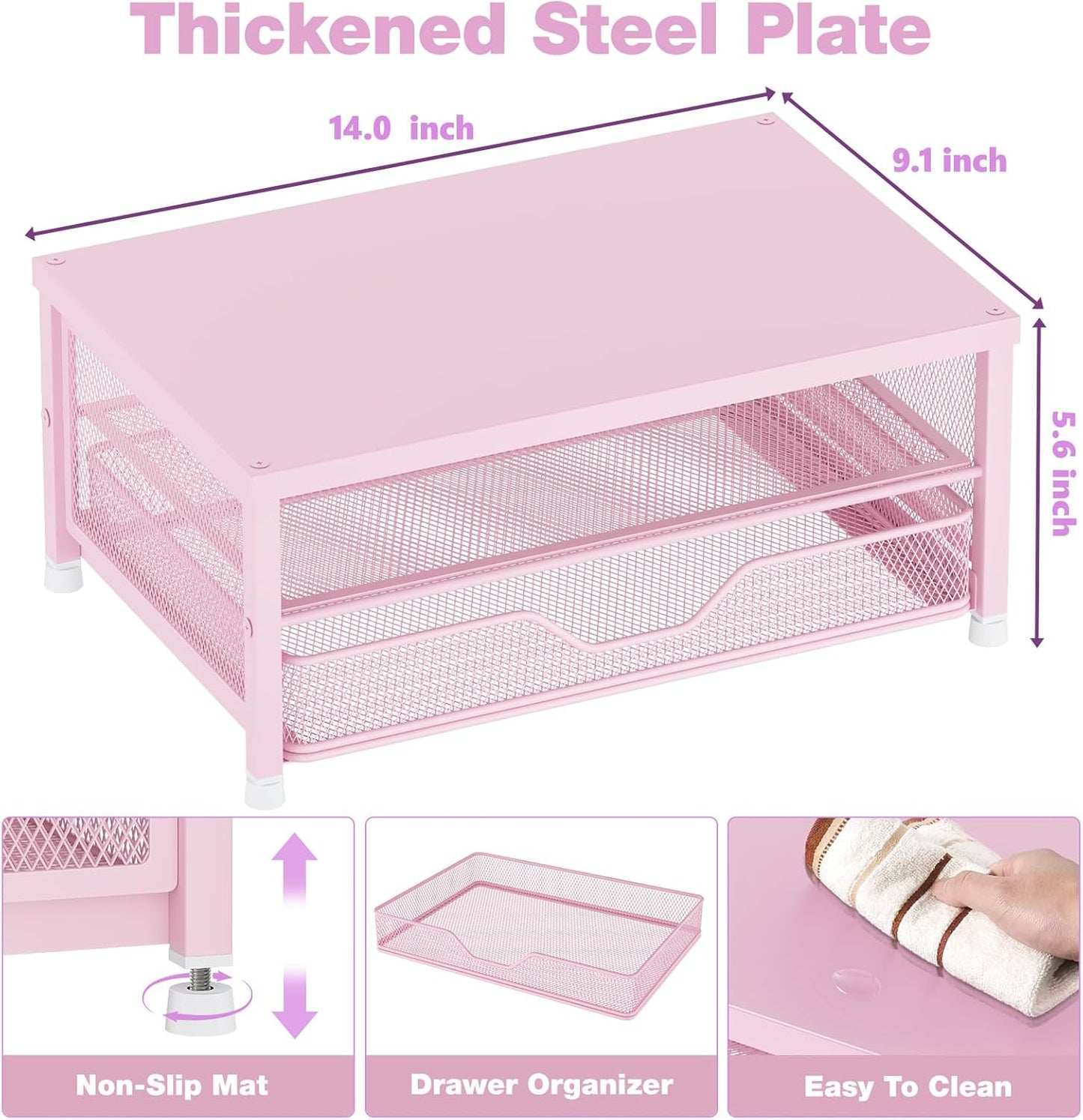 OPNICE Computer Monitor Stand Riser, Desk Organizer with Drawer, Laptop Stand, Office Desk Accessories & Workspace Desktop Organizers Storage for Office Supplies(Pink)
