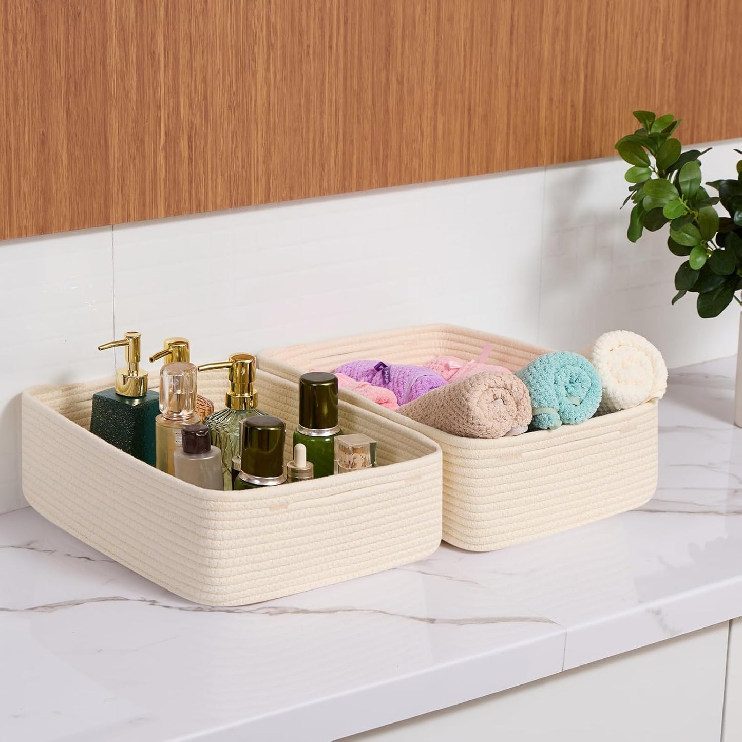Large Shallow Organizing Baskets 15x11x5.1 Inches - Rope Woven Storage Bins for Bathroom, Shelves, Cube Closet, Beige 3 Packs