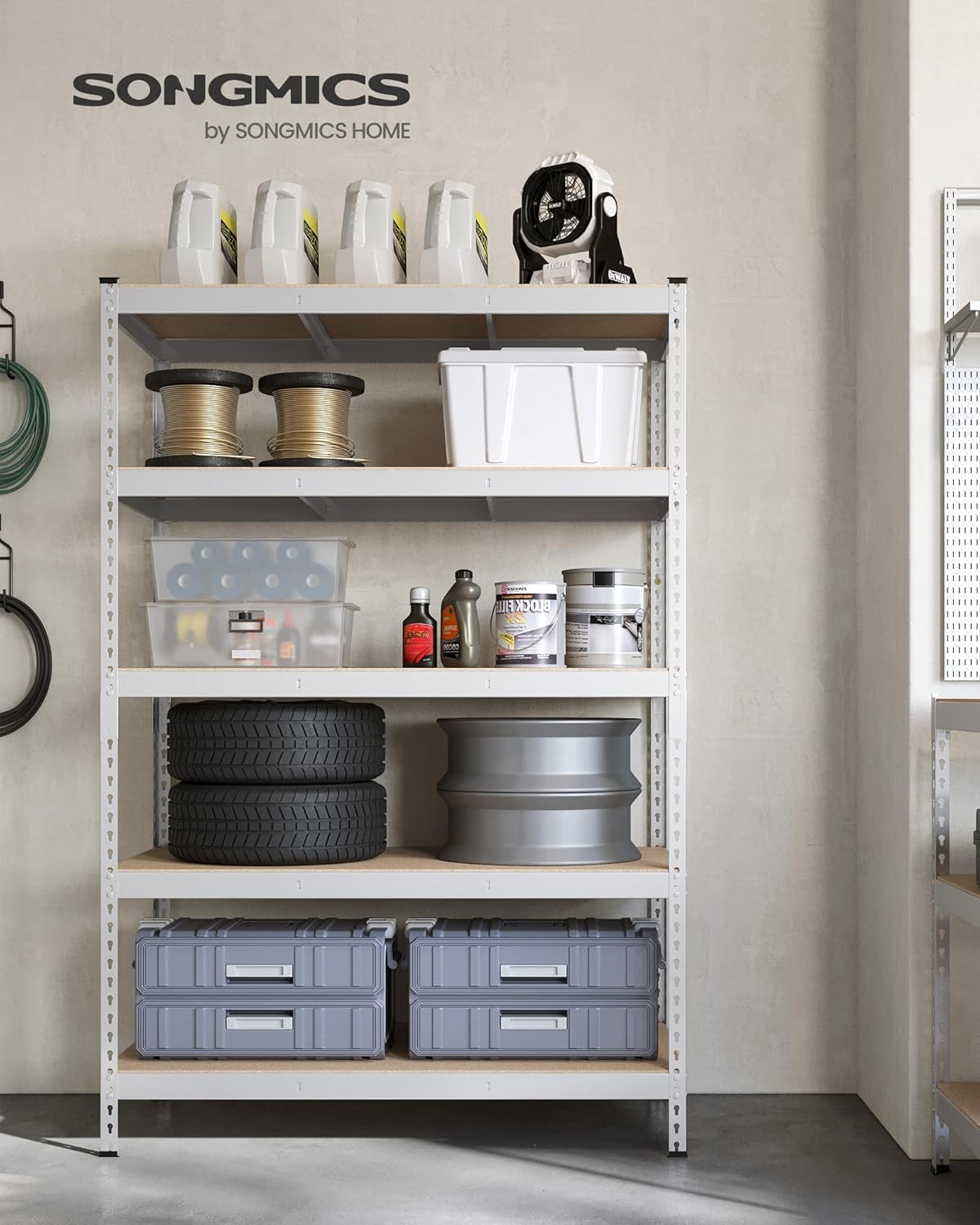SONGMICS 5-Tier Storage Shelves, Load 2310 lb, Garage Storage, Boltless Assembly, Adjustable Shelving Unit, 23.6 x 47.2 x 70.9 Inches, for Study Shed Basement, Silver and Natural Beige UGLR600E01