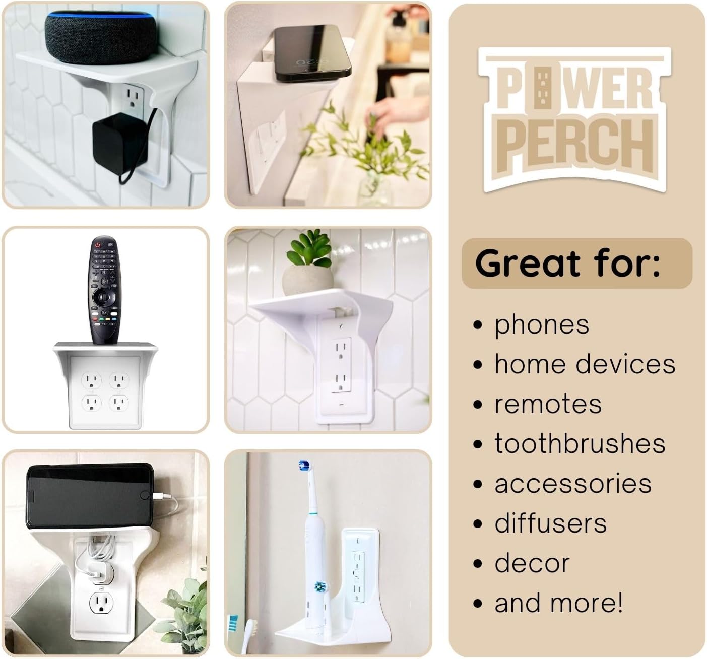 Power Perch Horizontal Wall Outlet Shelf with Cord Storage Strap - Declutter & Reclaim Bathroom Counter Space - Alexa Stand, Apple Homepod Shelf, Toothbrush Holders Wall Mounted - White, 1-Pack