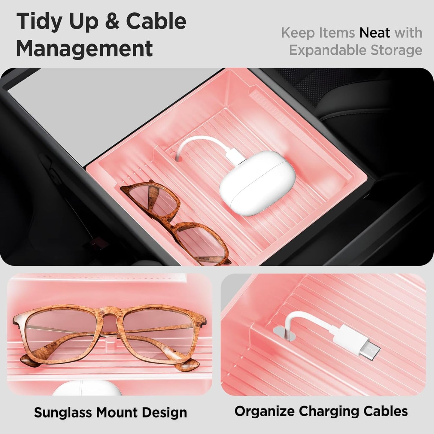 Center Console Organizer Tray for Tesla Model Y Juniper Accessories 2025 2026/For Tesla Model 3 Highland Accessories 2024 2025 2026 [Slide Smoothly/US Patent] Cup Holder Pink