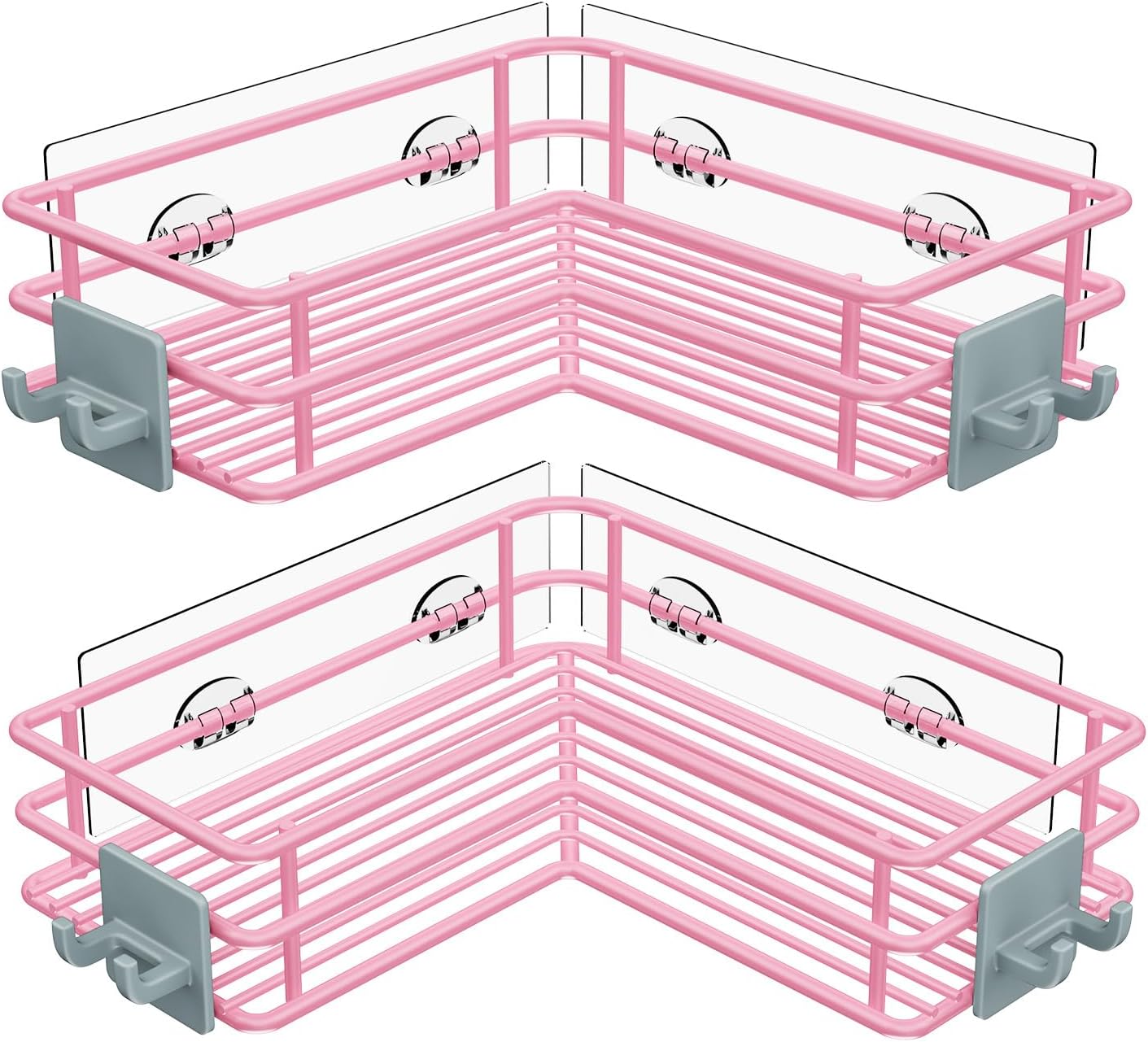 Nieifi Adhesive Corner Shower Caddy Shelf Basket Rack with Hooks, Rust Proof Stainless Steel Bathroom Shelf Shampoo Holder No Drilling (Pink)