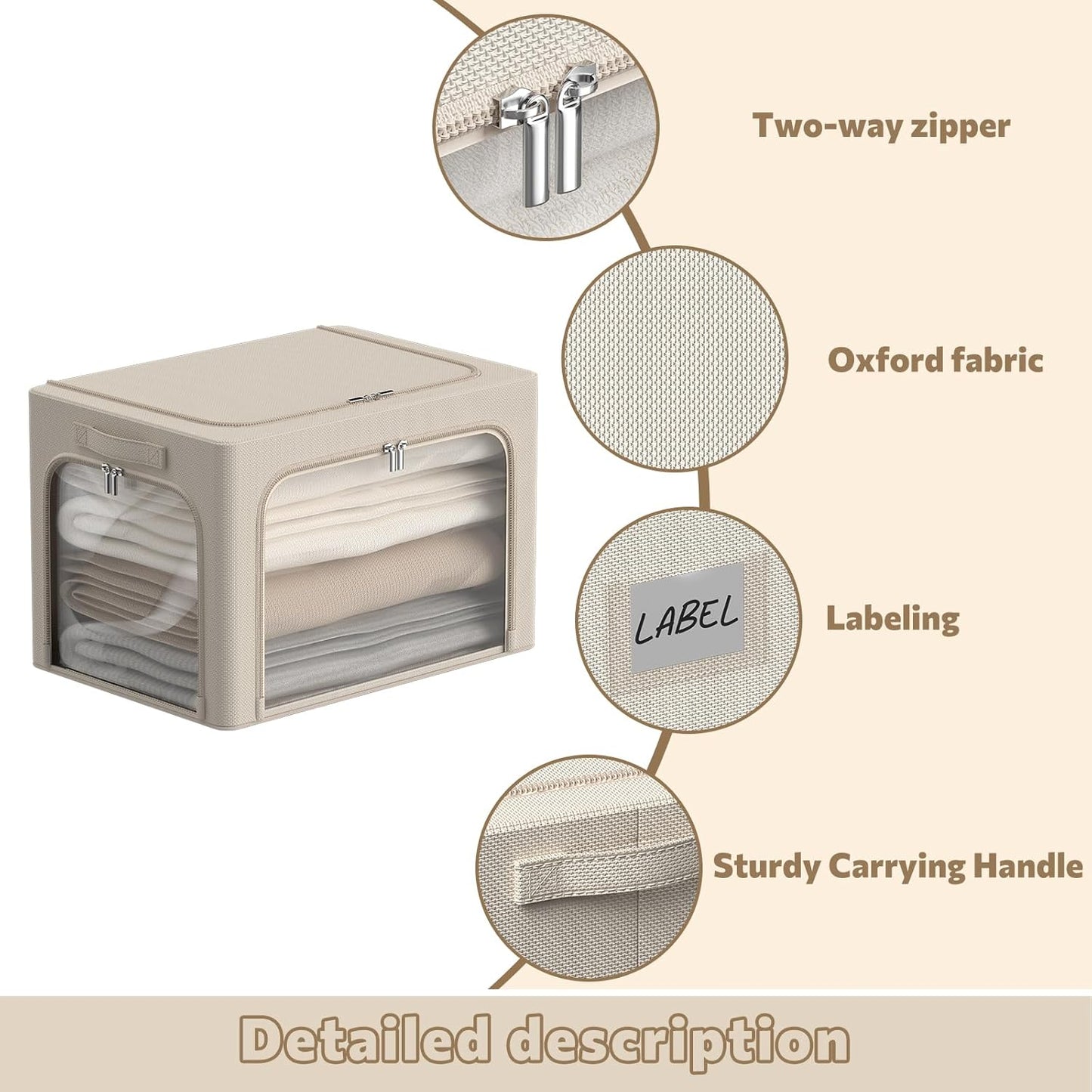3Pack Clothes Storage Bins - Oxford Frame Storage Box Foldable Stackable Storage Organizer with 3 Openings Design, Metal Frame, Clear Window, Carry Handles (Beige, 100L-23.6 * 16.5 * 15.7in)