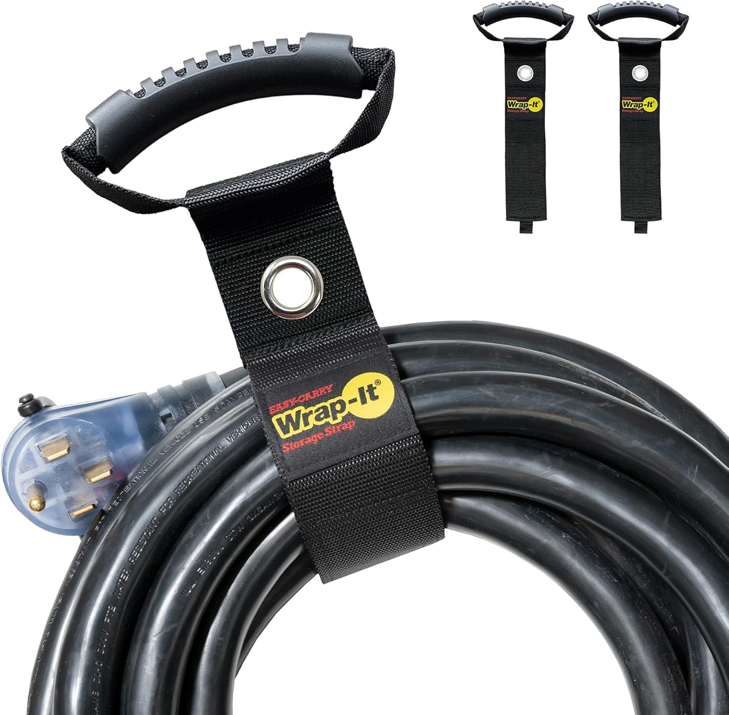 Easy-Carry Wrap-It Storage Straps - 22" (2-Pack) Black with Grommet - Extension Cord Holder Organizer for Garden Hose Storage Cord Straps