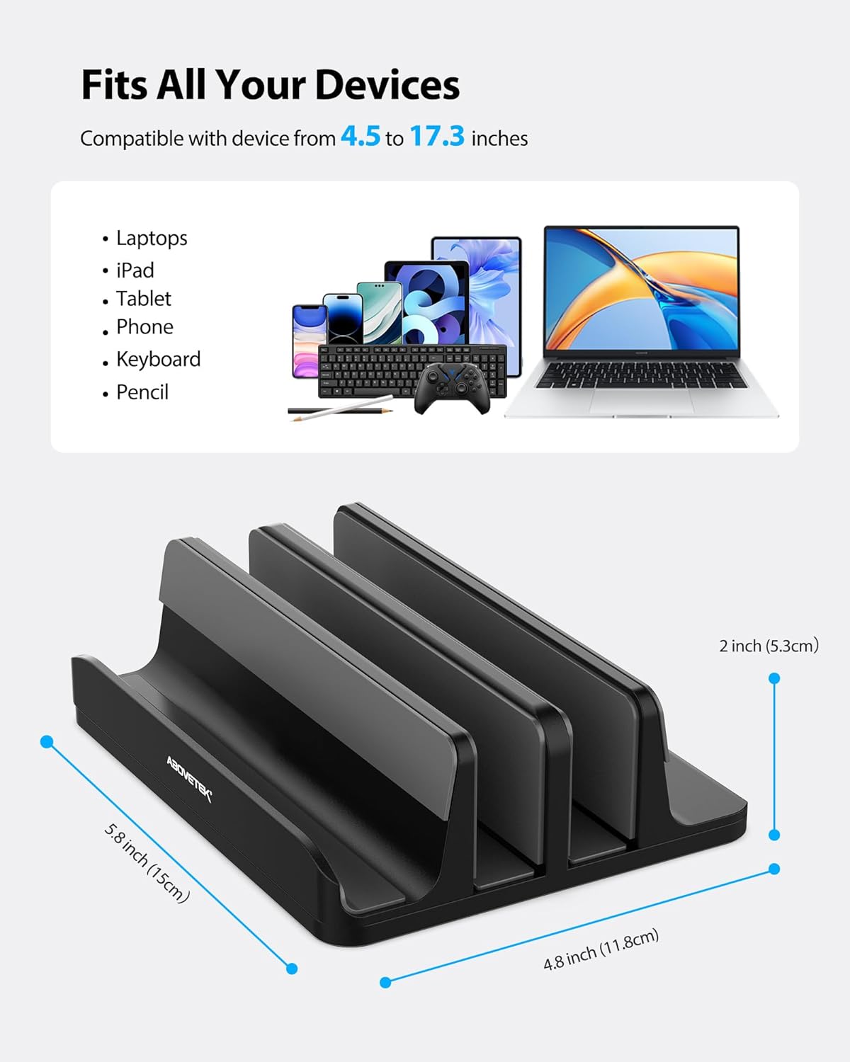 AboveTEK Vertical Laptop Stand Holder, 3 Slots Aluminum Desk Stand with Adjustable Dock Size for Tablet, MacBook, Phone - Universal Fit (up to 17.3") - Heavy Duty Polished, Anti Slide - Black