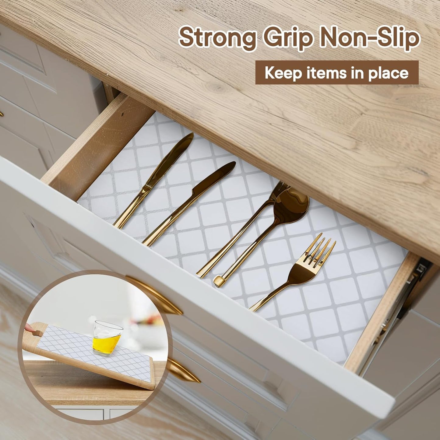Shelf and Drawer Liner for Kitchen Cabinets Non-Adhesive, Strong Grip Non-Slip Thickened Cabinet Liners for Shelves, Waterproof Mats for Dresser Cupboard, Silver Stripe, 17 in x 20 Feet