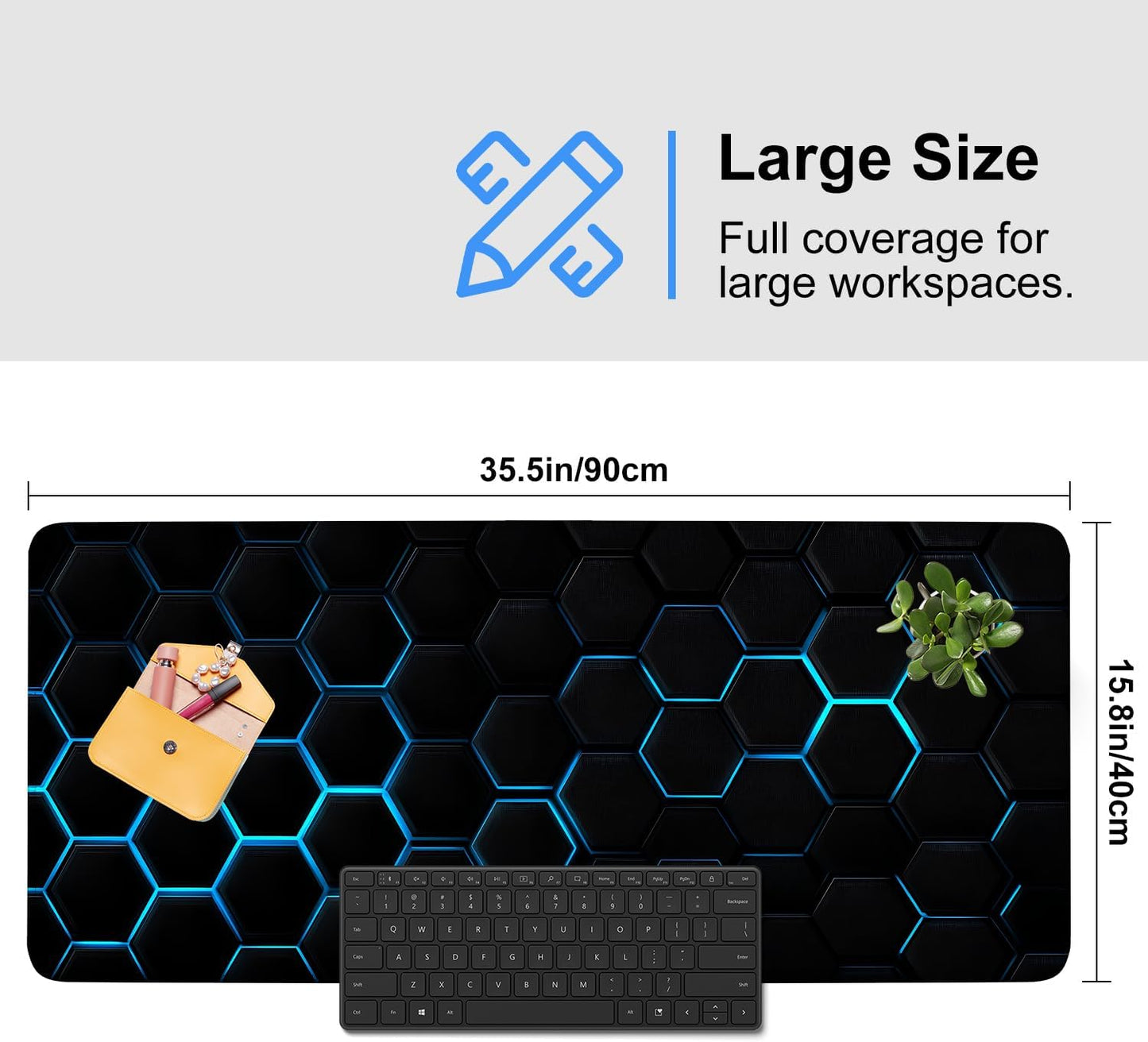 Gaming Mouse Pad – Large Extended Desk Mat35.43 x 15.75 in – Futuristic Black Honeycomb Design with Blue Glow, Non-Slip Base, Waterproof Surface, Keyboard & Mouse Pad for Gaming or Office