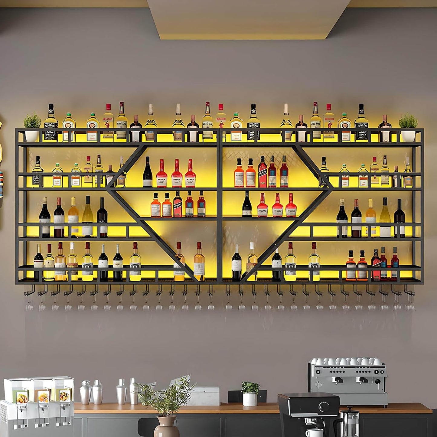 63in Large Wall Mounted Wine Rack 4 Tier Metal Wine Bottle Holder Modern Diamond Design Floating Bar Liquor Bottles Storage Rack for Home Restaurant Bar Decorative (Black, 4 Tier - 63in)