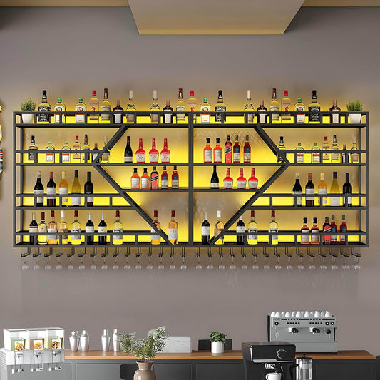 63in Large Wall Mounted Wine Rack 4 Tier Metal Wine Bottle Holder Modern Diamond Design Floating Bar Liquor Bottles Storage Rack for Home Restaurant Bar Decorative (Black, 4 Tier - 63in)