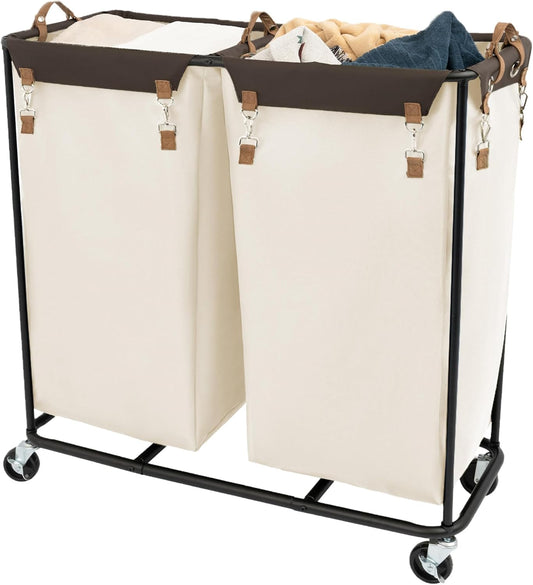StorageWorks 390L Extra Large Lanudry Hamper with Wheels, Laundry Basket with Wheels 2 Sections, Clothes Sorter Cart with Divider for Hotel, Home, Beige, 1-Pack