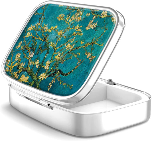 Pill Box 2 Compartment Small Pill Case,Portable for Pocket or Purse Pill Organizer Pill Container Holder to Hold Vitamins, Medication, Fish Oil and Supplements(Almond Blossom)