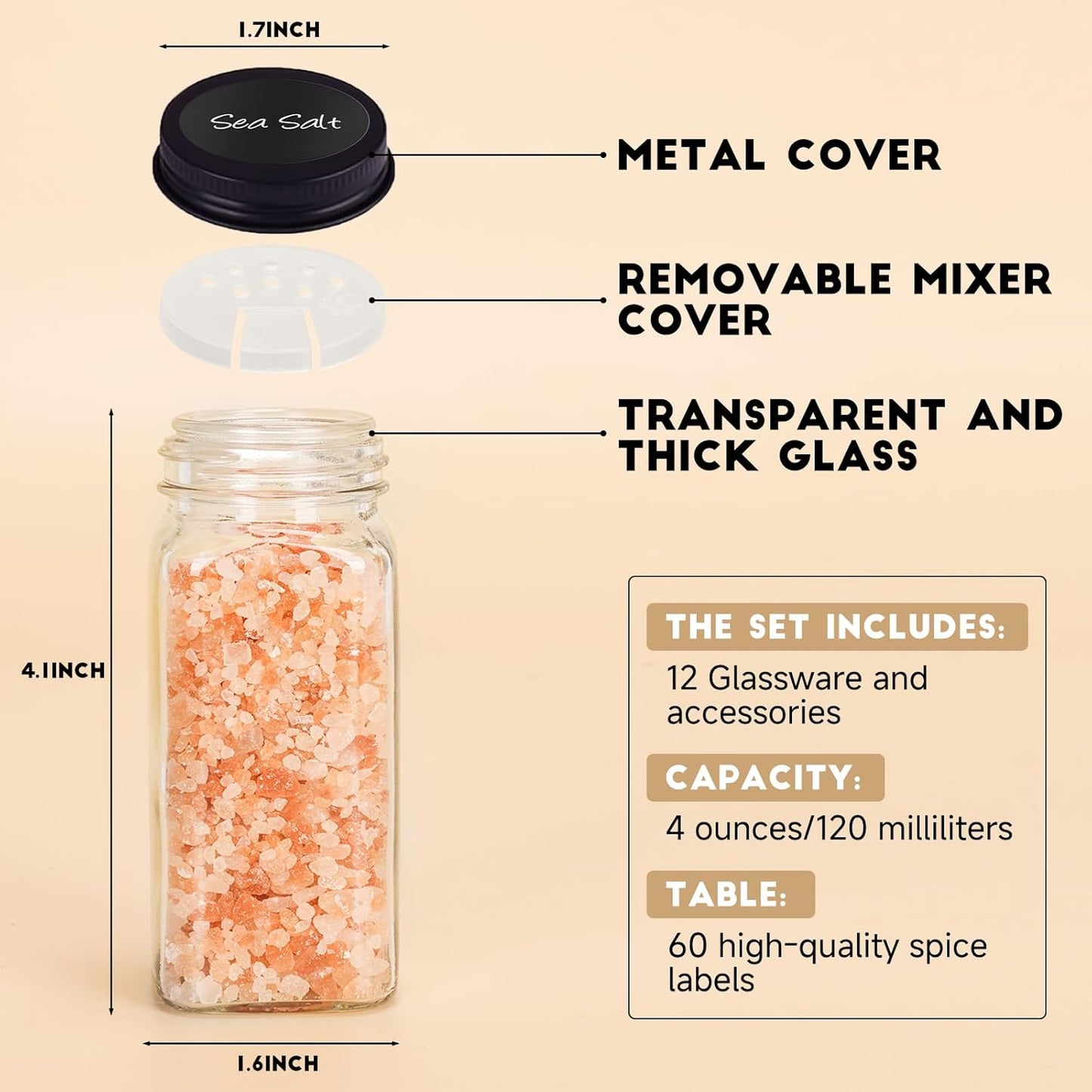 12Pcs Spice Jars with Label, 4oz Empty Square Seasoning Containers, Spice Jars with Shaker Lids, Small Spice Bottles for Salt, Herbs, Sugar, Pepper, Seasoning Jars for Spice Rack, Cabinet, or Drawer