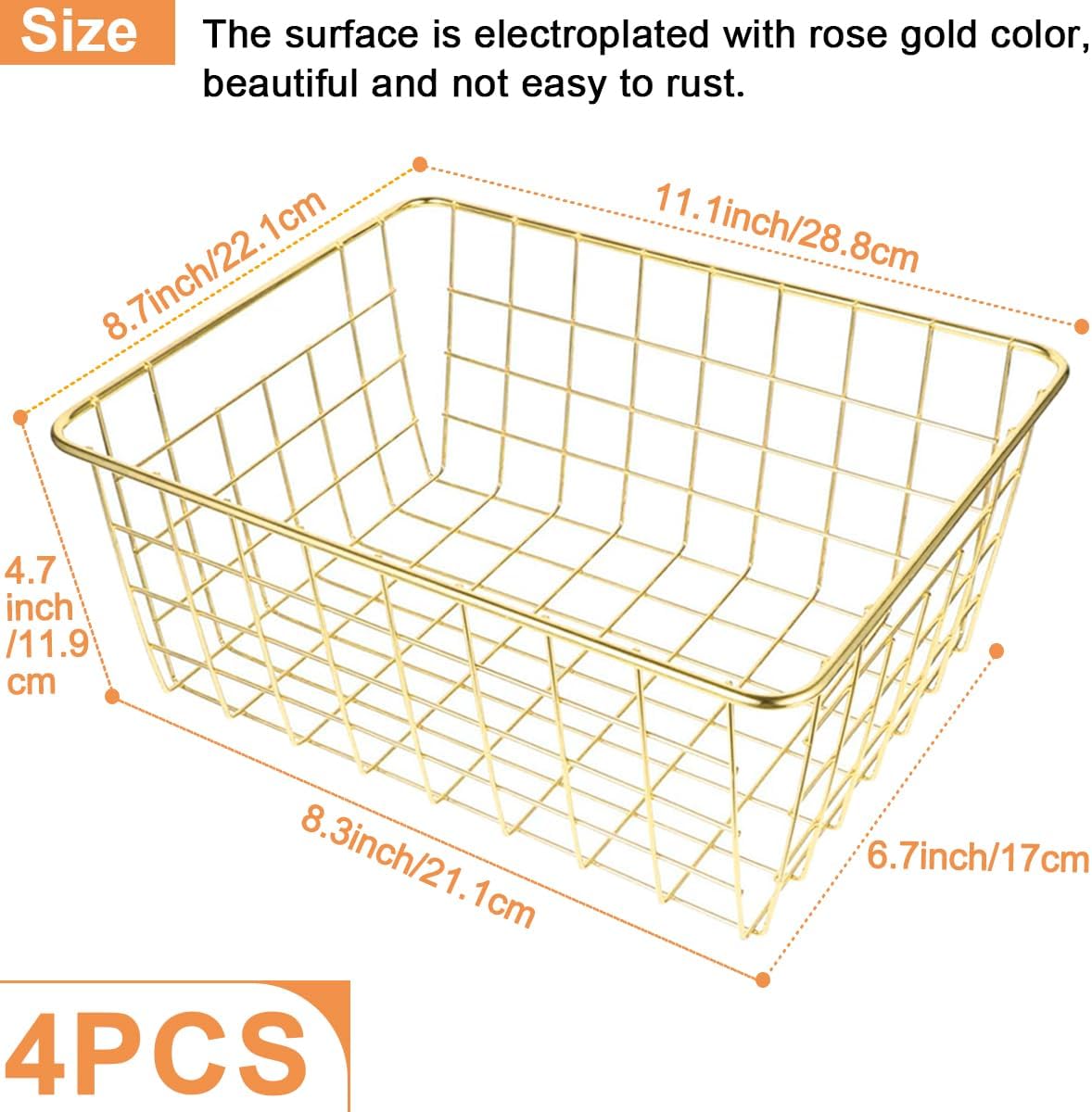 4 Pack Gold Wire Baskets for Organizing Office Wire Storage Basket Gold Metal Storage Baskets for Kitchen Cabinets, Bathroom, Countertop