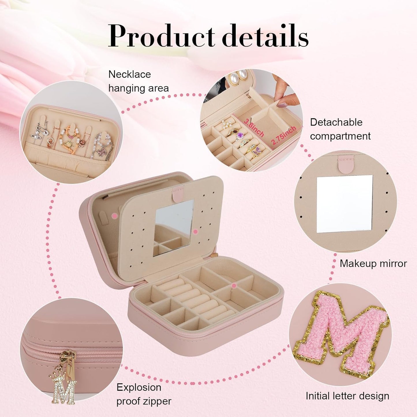 TopPerfekt Travel Jewelry Case, Jewelry Box with Mirror, Jewelry Organizer Bridal Shower Gifts to Her, Earring Storage Travel Case, Trendy Gift for Women and Girls, Girlfriend-Letter B, Pink