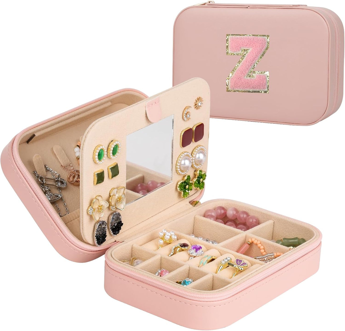 TopPerfekt Travel Jewelry Case Travel Jewelry Box With Mirror, Jewelry Organizer Bridal Shower Gifts To Her, Earring Travel Case, Trendy Gift for Women and Girls (Z, Pink)