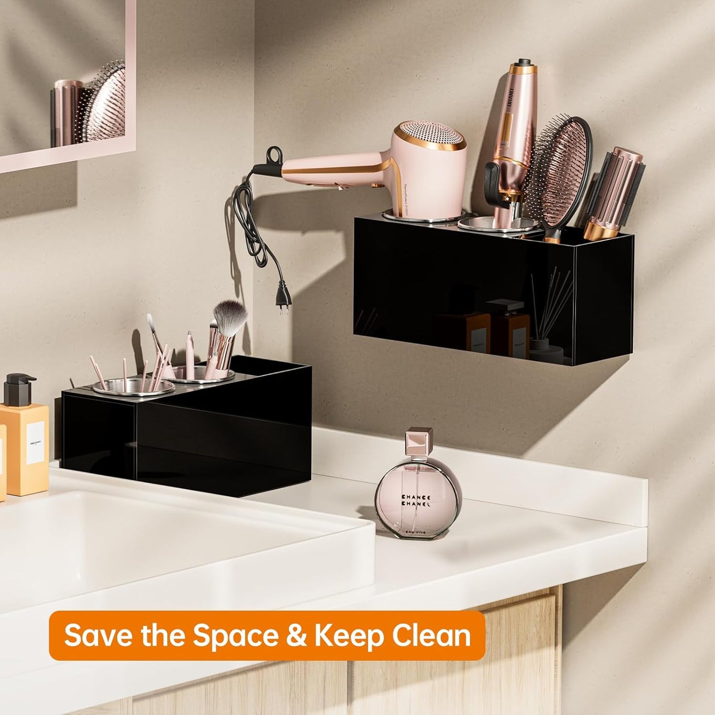 Hair Tool Organizer Acrylic: Hair Dryer Holder Wall Mount - Blow Dryer Holder Cabinet Door - Bathroom Countertop Organizer for Curling Iron Hot Styling Tools Flat Iron - Black