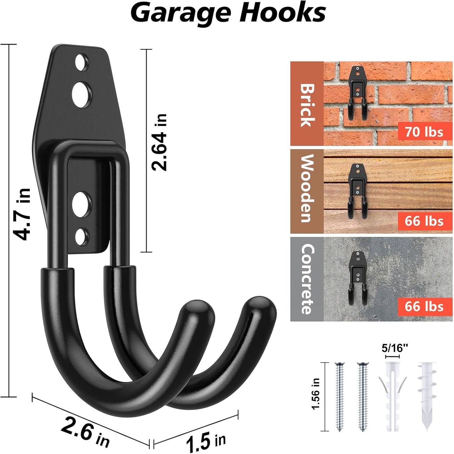 8 Pack 4.7x2.6 inch J Heavy Duty Garage Hooks,Solid Steel Wall Mount Hangers,with Anti-Slip Coating,for Hanging and Organising Ladder,Bike,Ropes,Broom,Garden,Yard and Power Tools