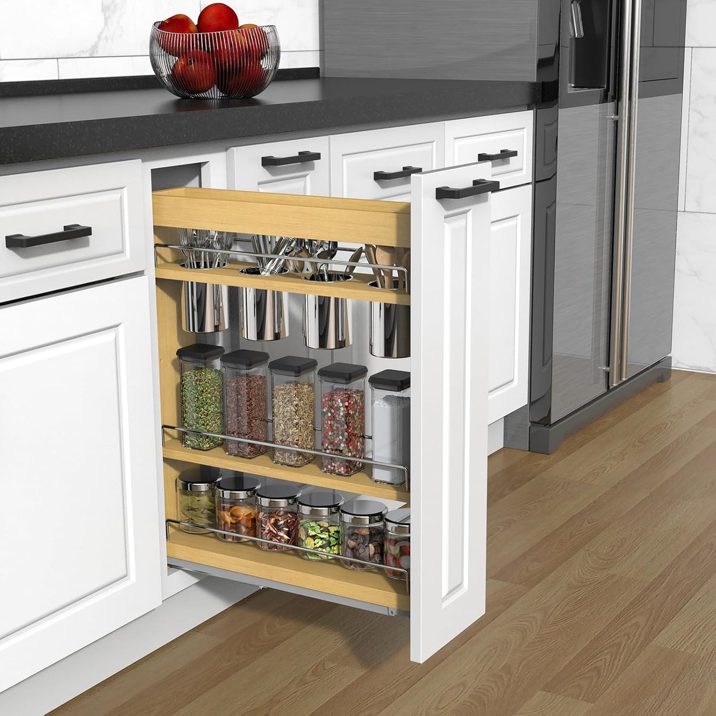 Pull Out Cabinet Organizer 8" Soft-Close Wood Pullout Shelf Organizer for Utilities Kitchen and Bathroom Base Cabinets, Slide Out Spice Rack