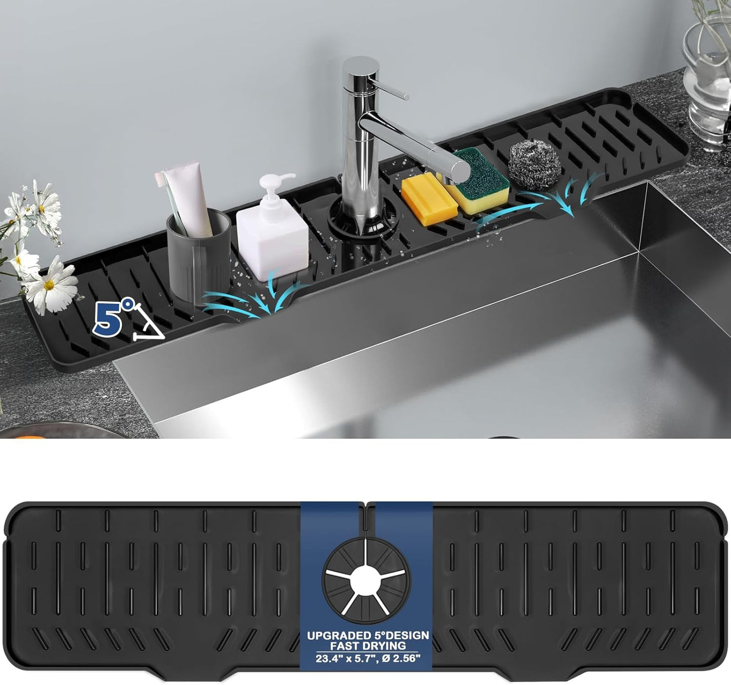 24" Splash Guard Plus Size Silicone Sink Faucet Drying Mat Handle Drip Catcher Tray Dish Sponge Holder Kitchen Accessories Protector Home Organization Gadgets Organizer