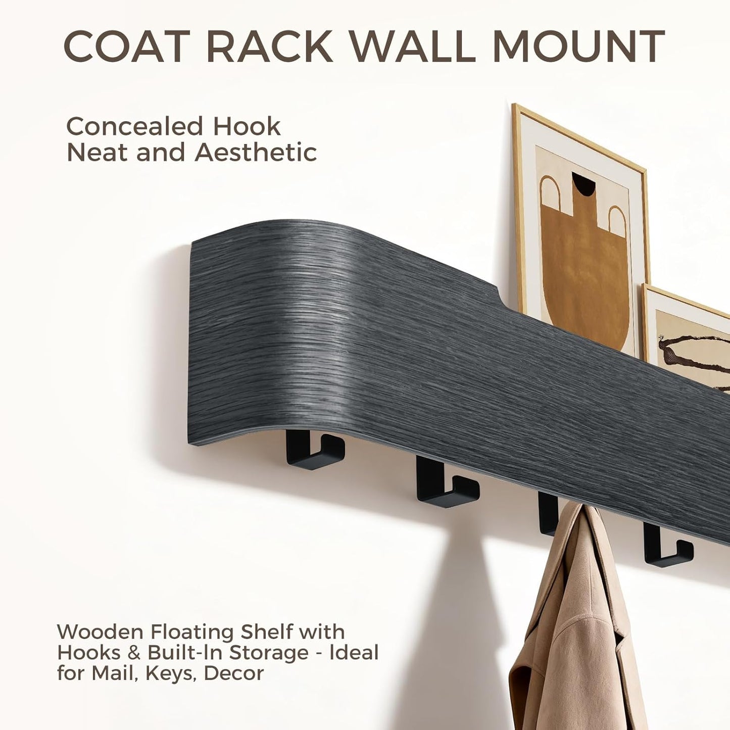 Wall Coat Rack Floating Shelves Modern Coat Rack Wall Mount with Storage Entryway Shelf Wooden Hanger 20 Inch 4 Hidden Metal Hooks for Living Room Bedroom (Black, 4 Hooks)