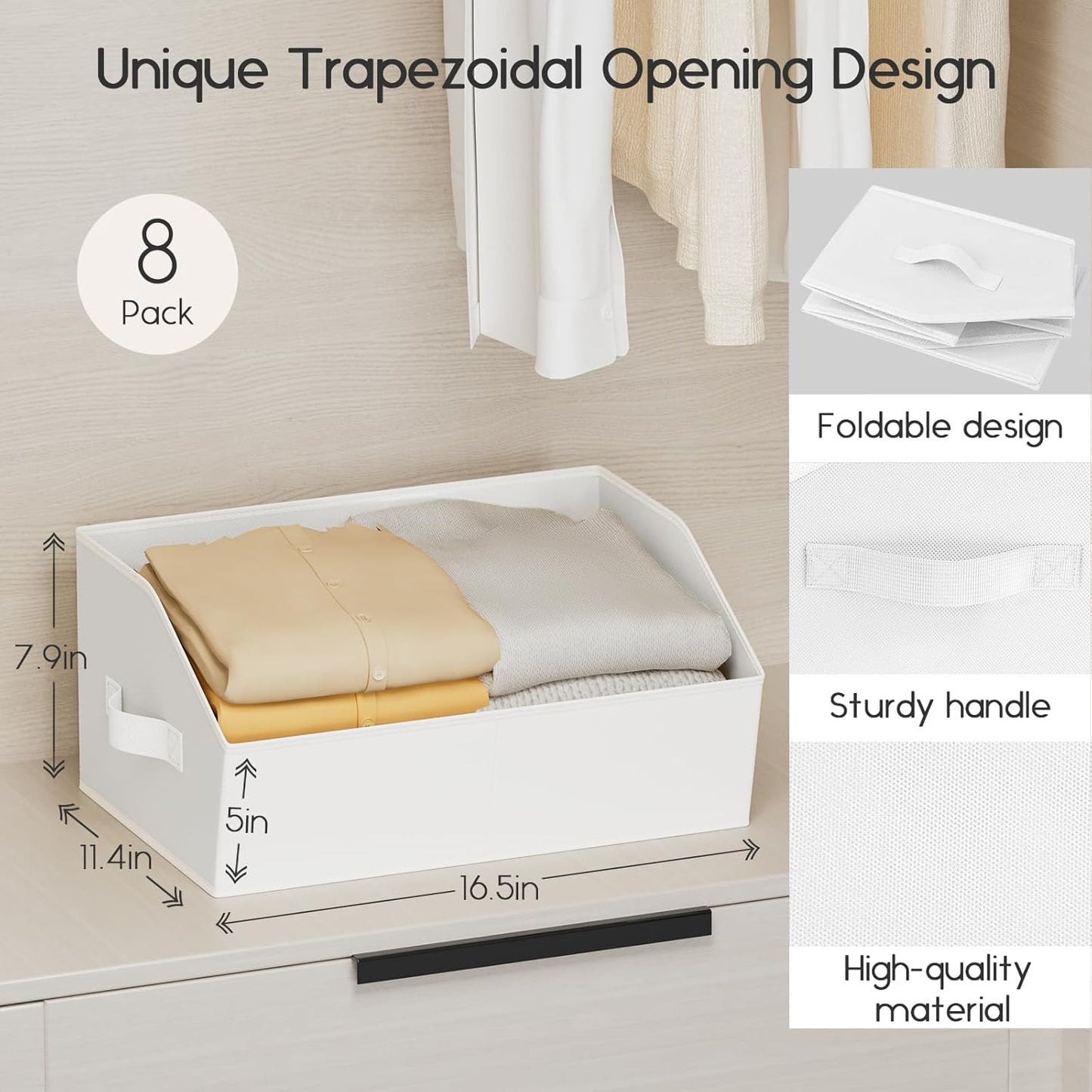 Large Closet Organizers and Storage Bins - 8 Pack Trapezoid Storage Baskets for Shelves, Foldable Fabric Baskets with Handles Ideal for Closet, Basket, Wardrobe and Shelf Storage, Light Grey