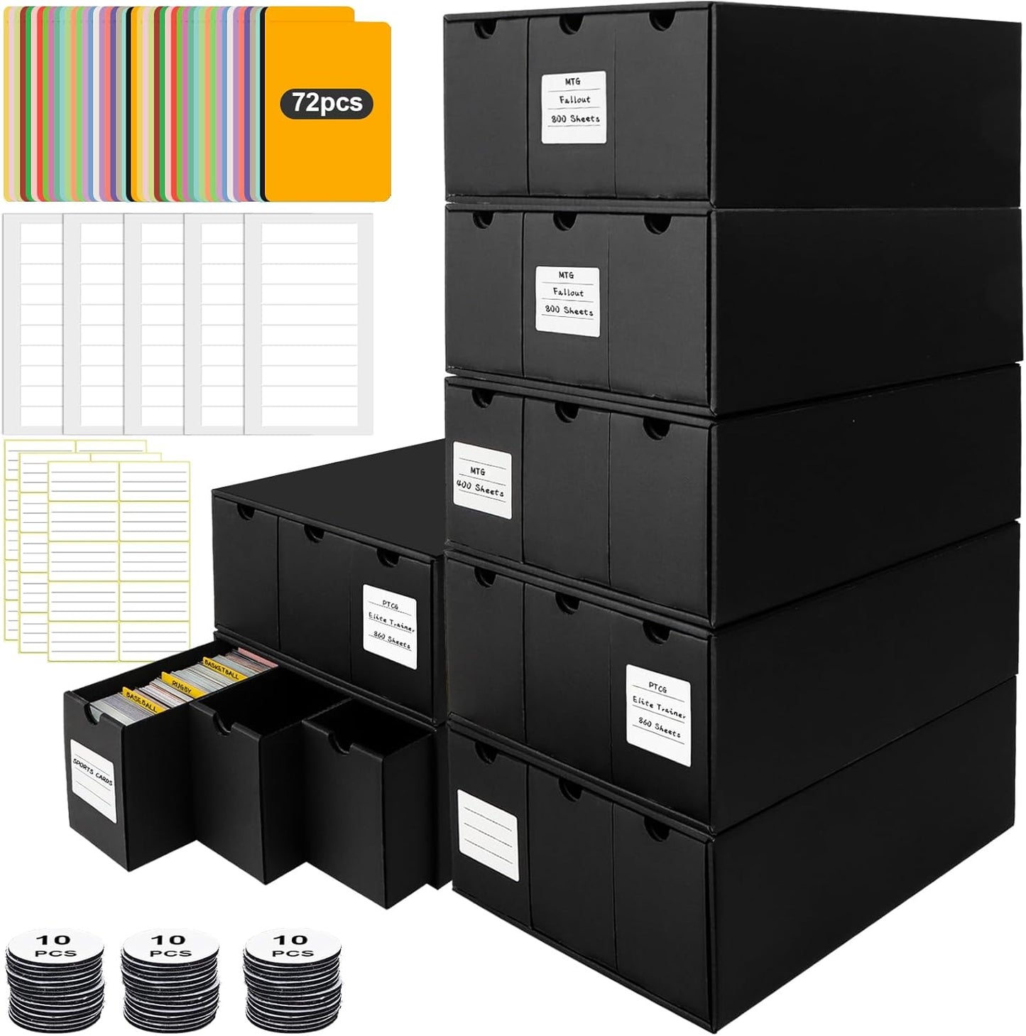 Trading Card Storage Box, Includes 21-600 CT Boxes & Card Dividers, + Trading Card Organizer for Collectible Card Games, for TCG, MTG, PTCG, Baseball Cards, with Labels & Tapes