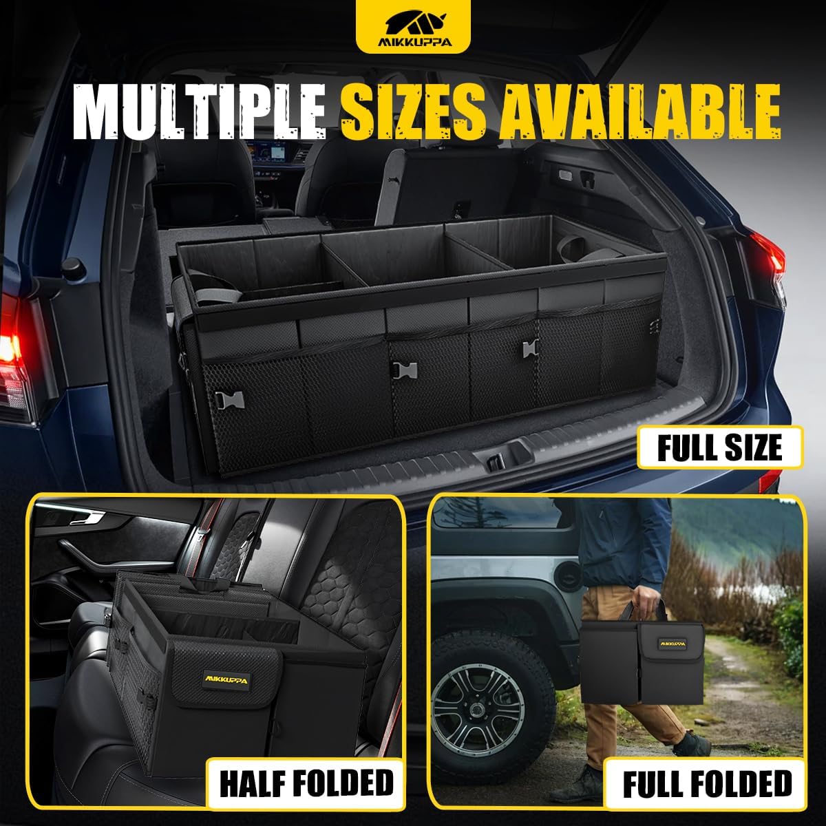 MIKKUPPA Car Trunk Organizer - 95L Collapsible Trunk Organizer with Lid, Sturdy Car Storage for SUV Auto Truck Van with Adjustable Straps and Non Slip Bottom (Black, X-Large)