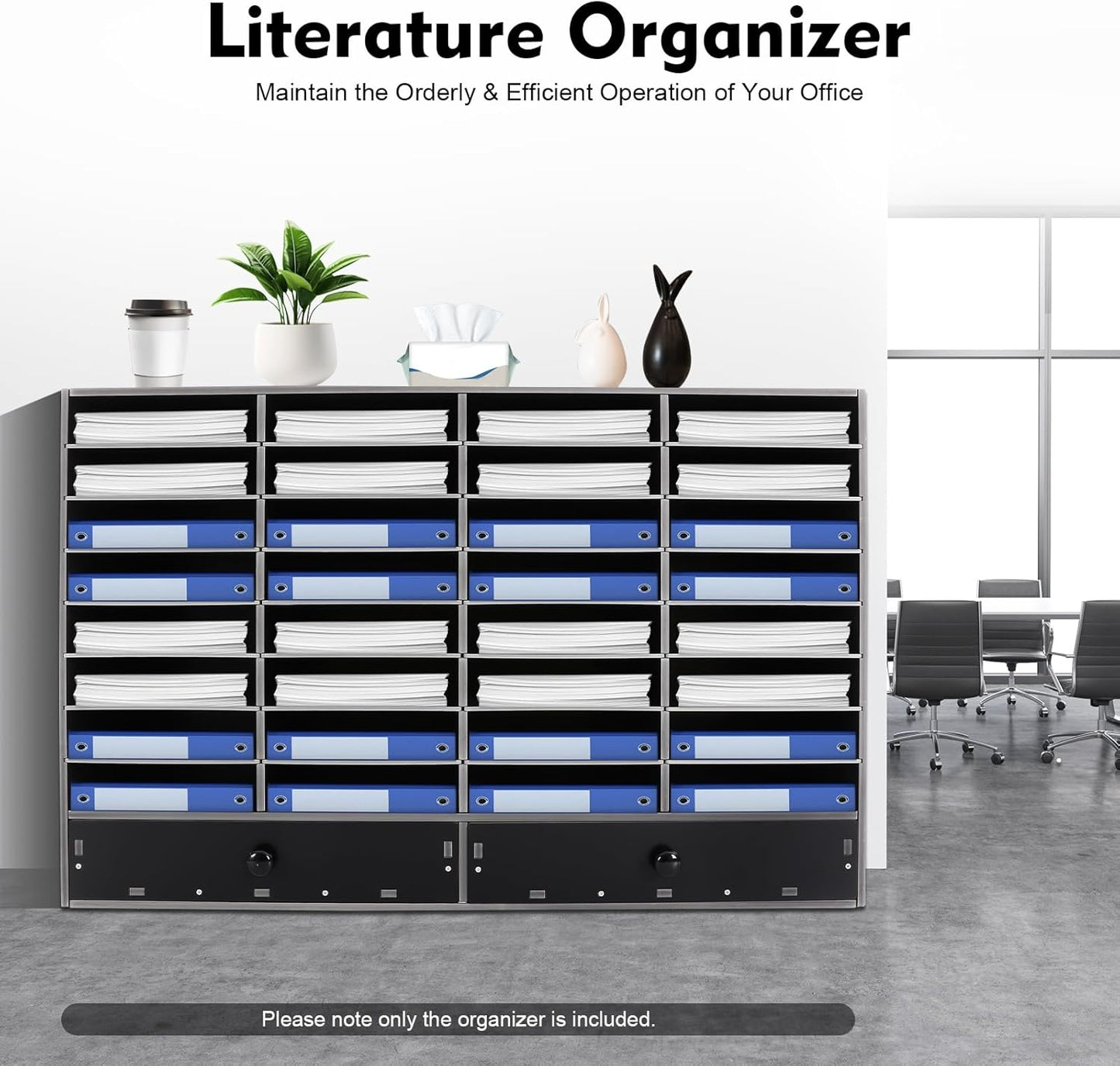 Adjustable Literature Organizer, 32 Compartments Mail Sorter Organizer with 2 Drawers, PVC Desktop File Sorter, Classroom Mailbox Office Mailbox Cubbies for Office, Home, Study Room Black