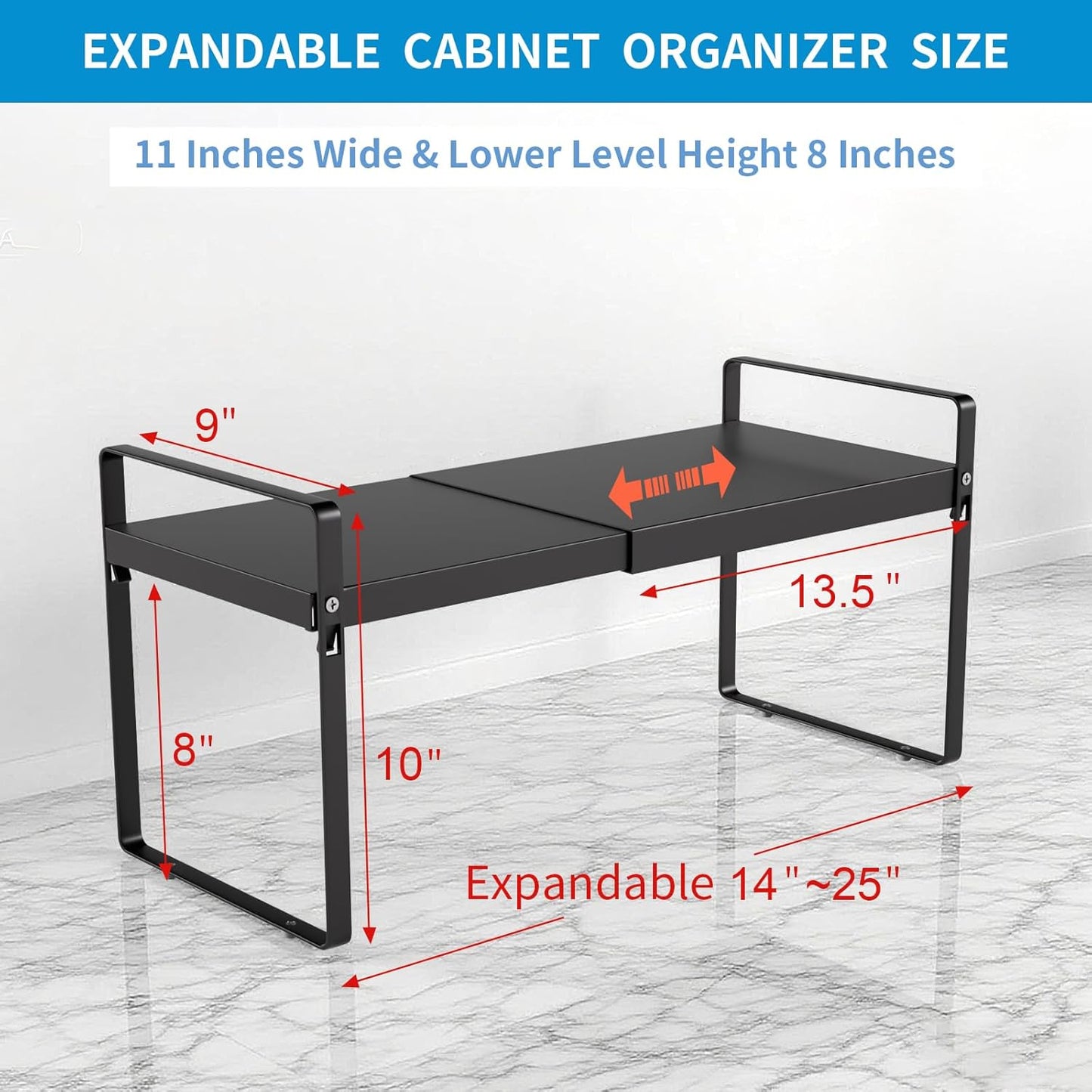 Expandable Cabinet Shelf Organizer 14-25 Inch Adjustable Length, 9" Wide 2-Tier (8" Bottom Layer) Metal Storage Rack for Kitchen Pantry, Under Sink Countertop - Heavy Duty Black(2 Pack)