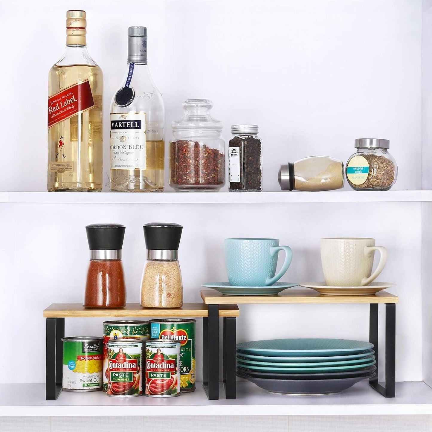 NEX Kitchen Cabinet and Counter Shelf Organizer, Stackable & Expandable, Set of 4, Black and Natural