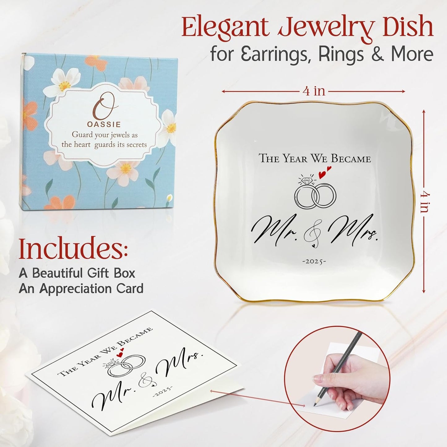 OASSIE Christmas Wedding Gifts for Couples 2025 - Mr and Mrs Gifts 4"x4" Ceramic Jewelry Dish Tray - Bridal Shower Engagement Gifts for Bride Women Newlyweds Marriage Just Married