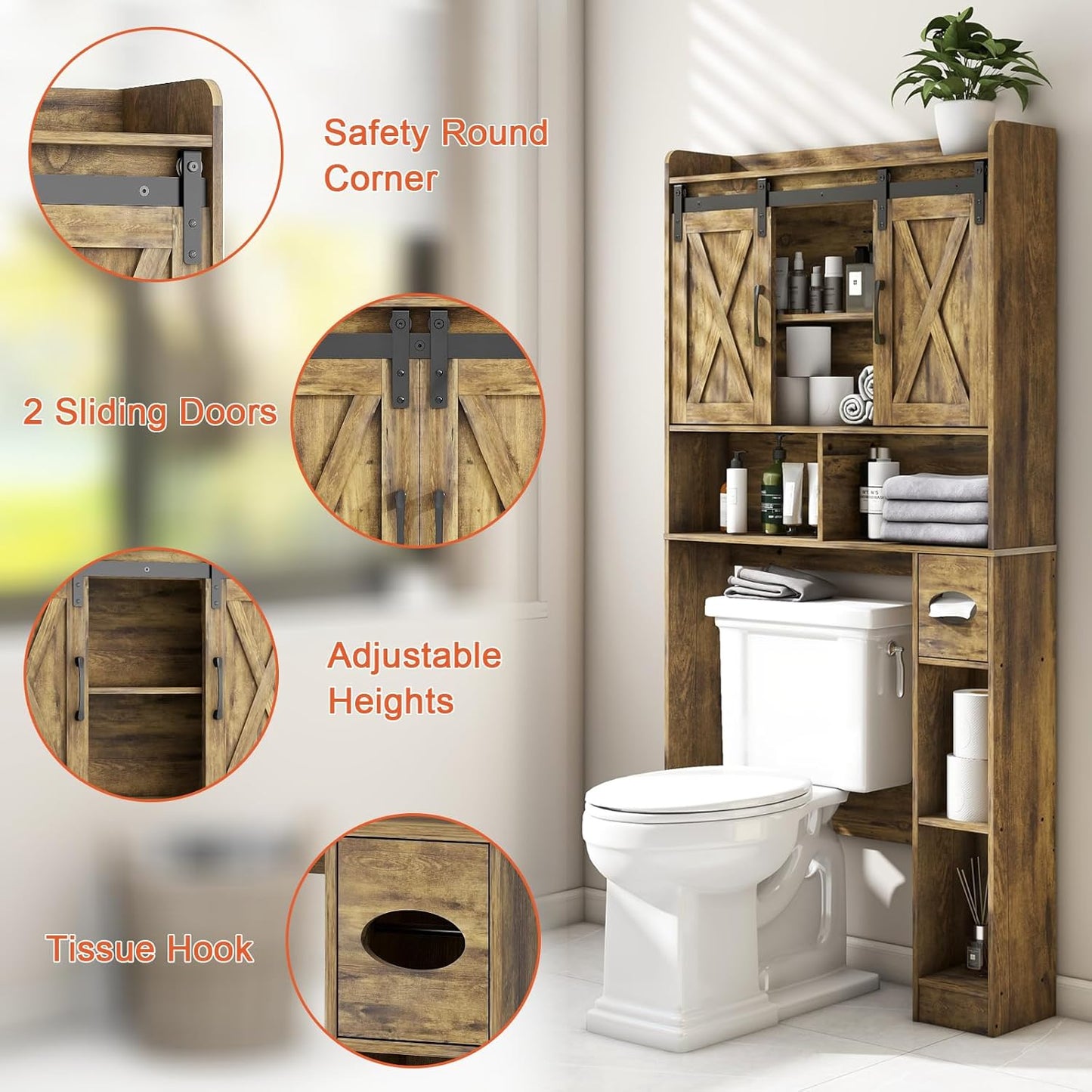 Vabches Over The Toilet Storage Cabinet, Farmhouse Storage Cabinet Over Toilet with Sliding Doors & Toilet Paper Holder Stand，Home Space-Saving Toilet Rack, for Bathroom, Restroom, Laundry