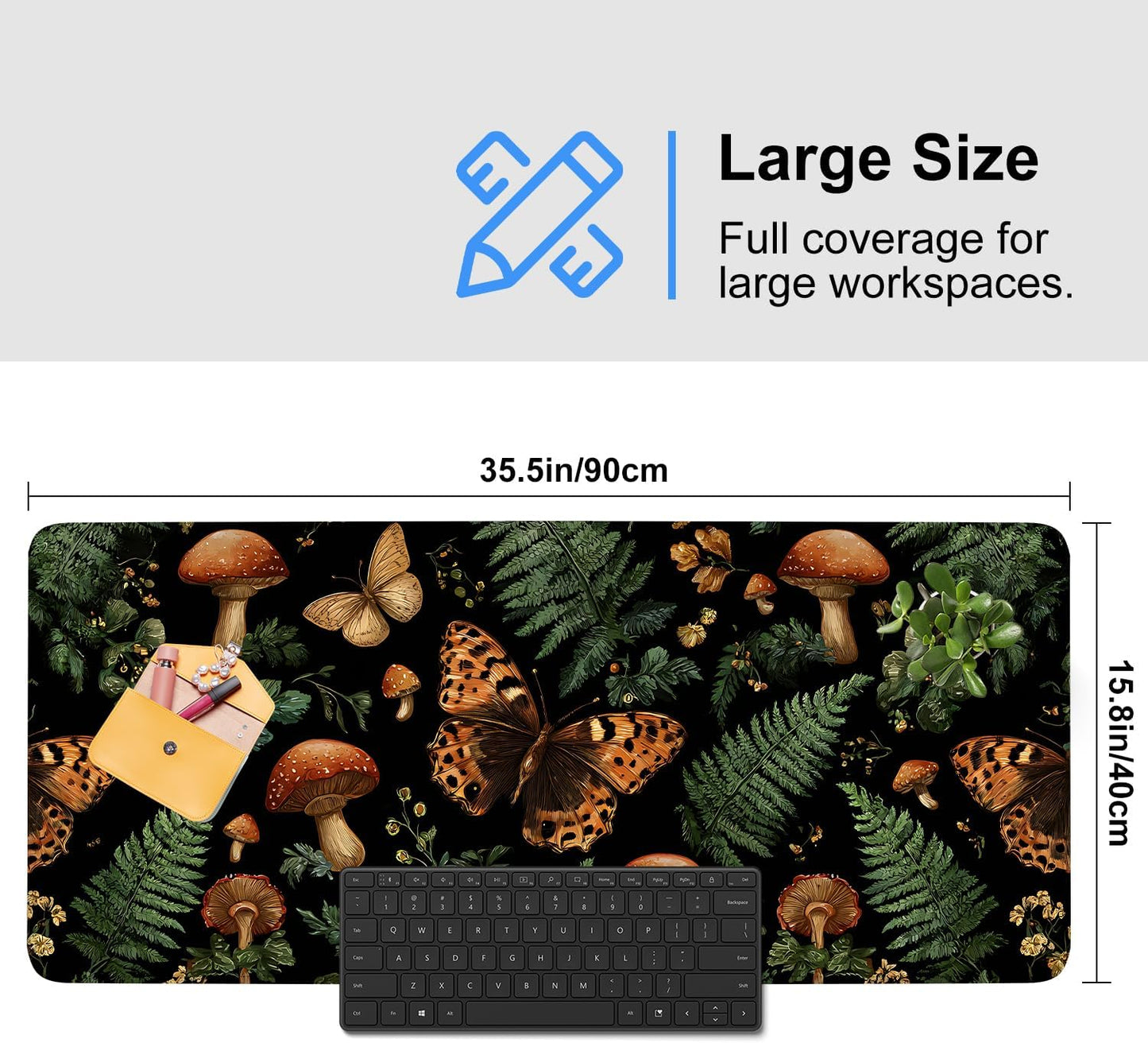 Vintage Butterfly Mushroom Mouse Pad – Large Extended Desk Mat 35.43 x 15.75 in – Dark Forest Aesthetic with Ferns & Fungi, Waterproof Surface, Non-Slip Rubber Base, Keyboard & Mouse Pad