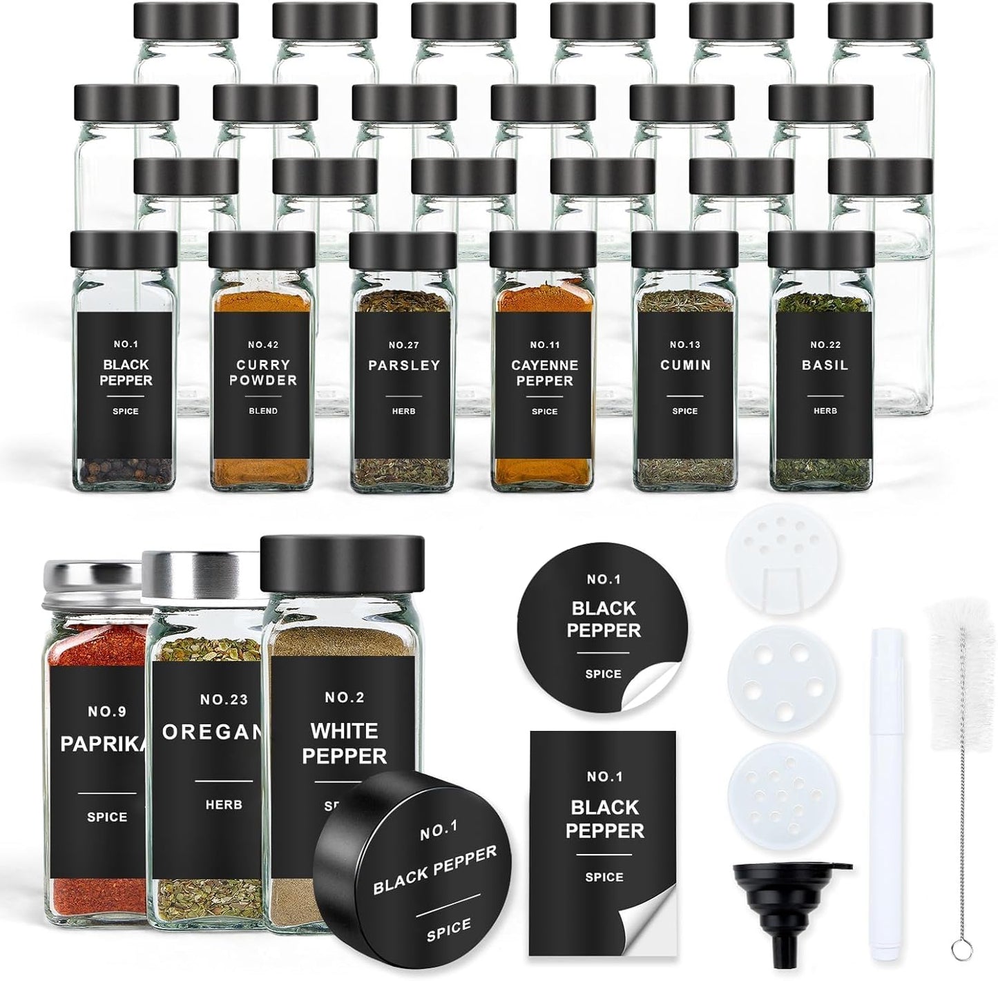 Spice Jars with Label, 36pcs 4oz Glass Spice Jars with Black Lids, Square Spice Containers with 304 Labels and Shaker Inserts, Empty Seasoning Bottles for Drawer, Cabinet, Seasoning Organizer