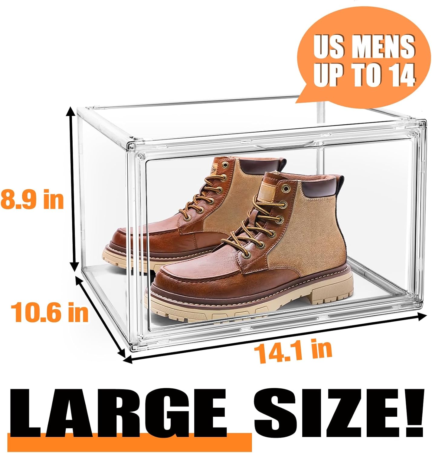Size 14 Large Clear Shoe Storage Boxes Stackable, Acrylic Shoe Boxes Sneaker Display Case for Sneakerheads Boot Handbag Purse Figure Collectibles Showcase, 1 Pack