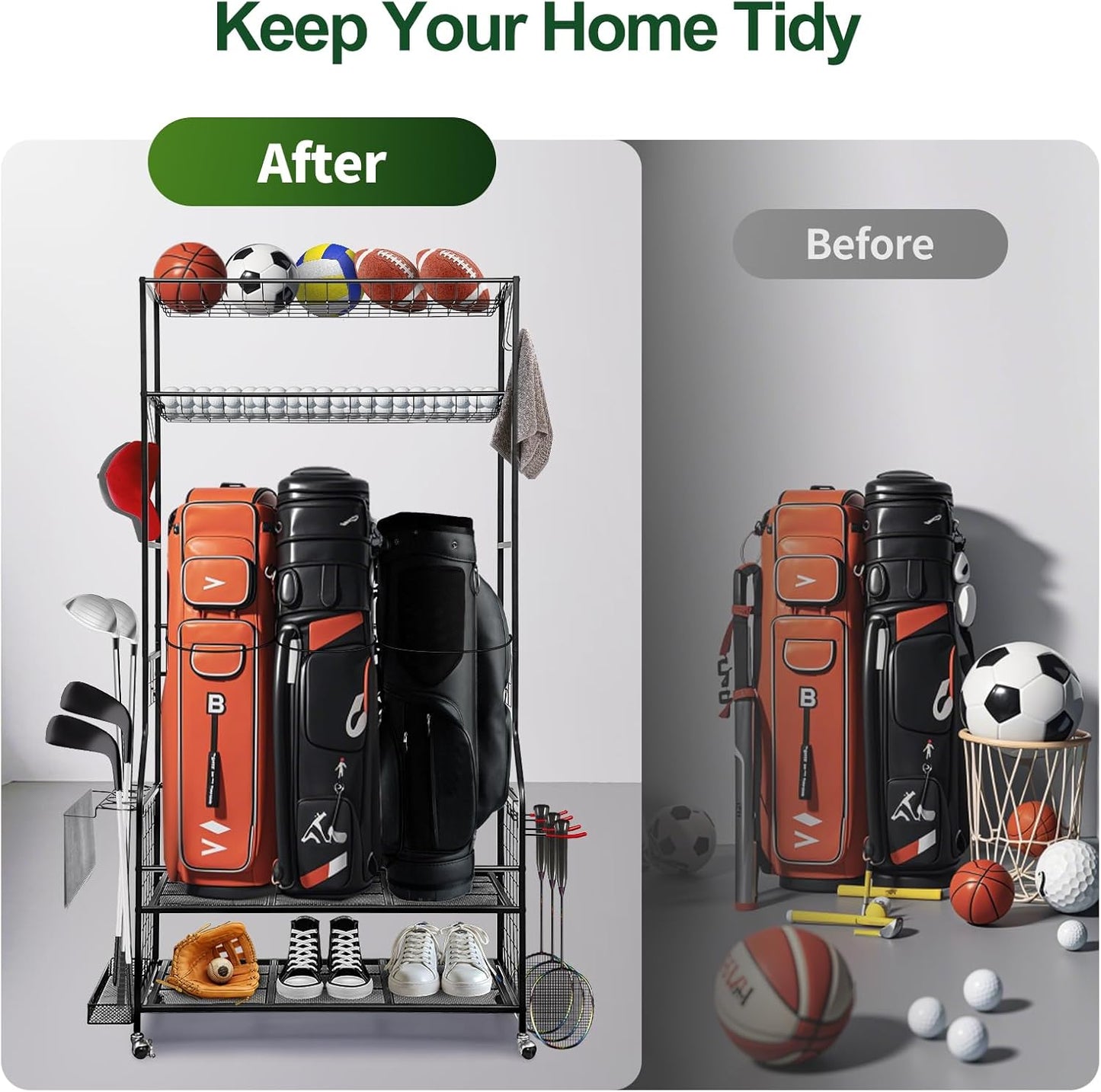 Golf Bag Storage Garage Organizer, 3 Golf Bags Organizer and Golfing Equipment Accessories Storage Rack, Sports Equipment Storage Organizer with Wheels, 4 Hooks, and Extra Club Display Rack
